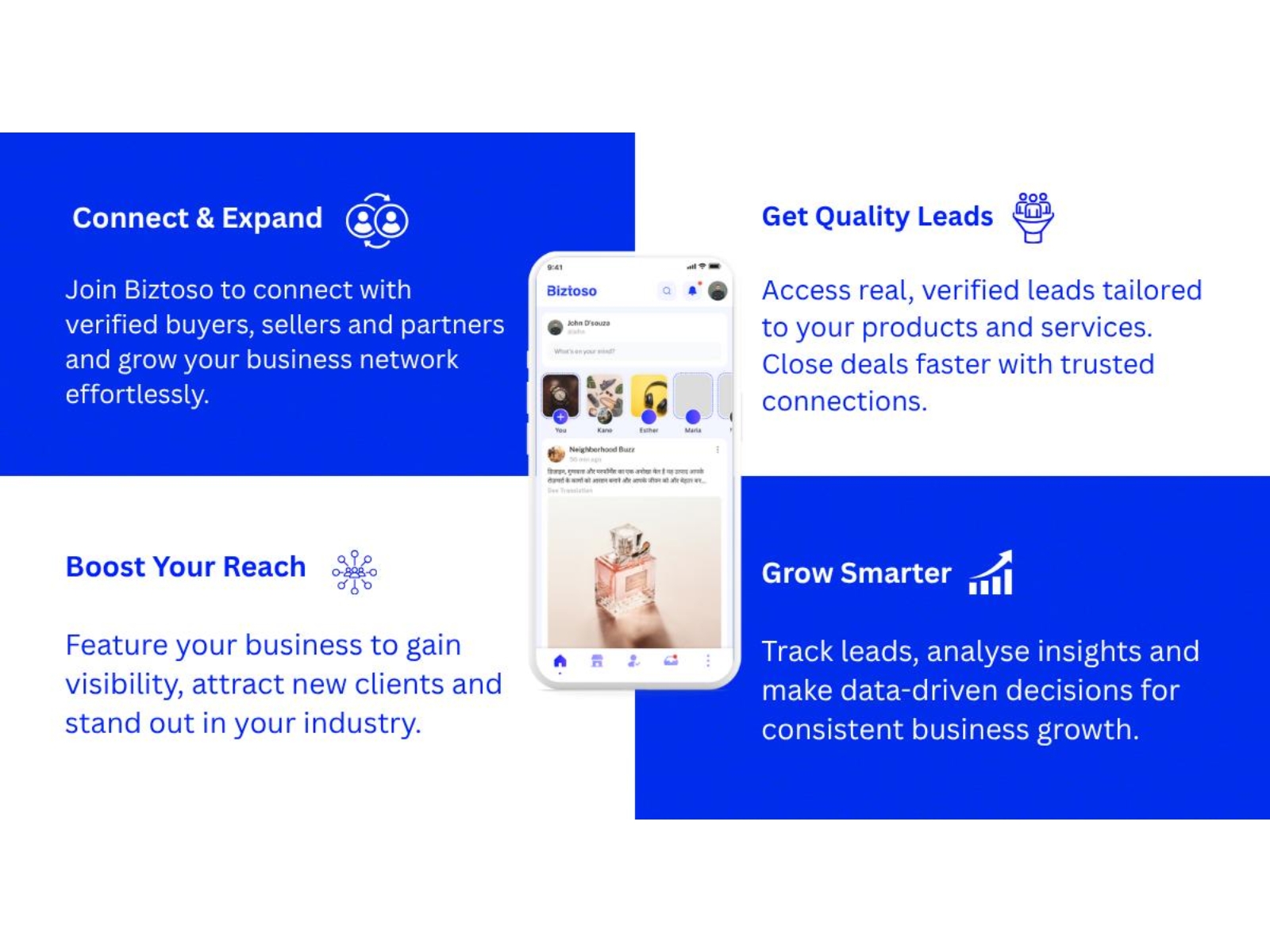 Born in Bangalore, Biztoso bridges the gap between marketplaces and social media -- giving India's SMEs and entrepreneurs a digital identity and a place to grow