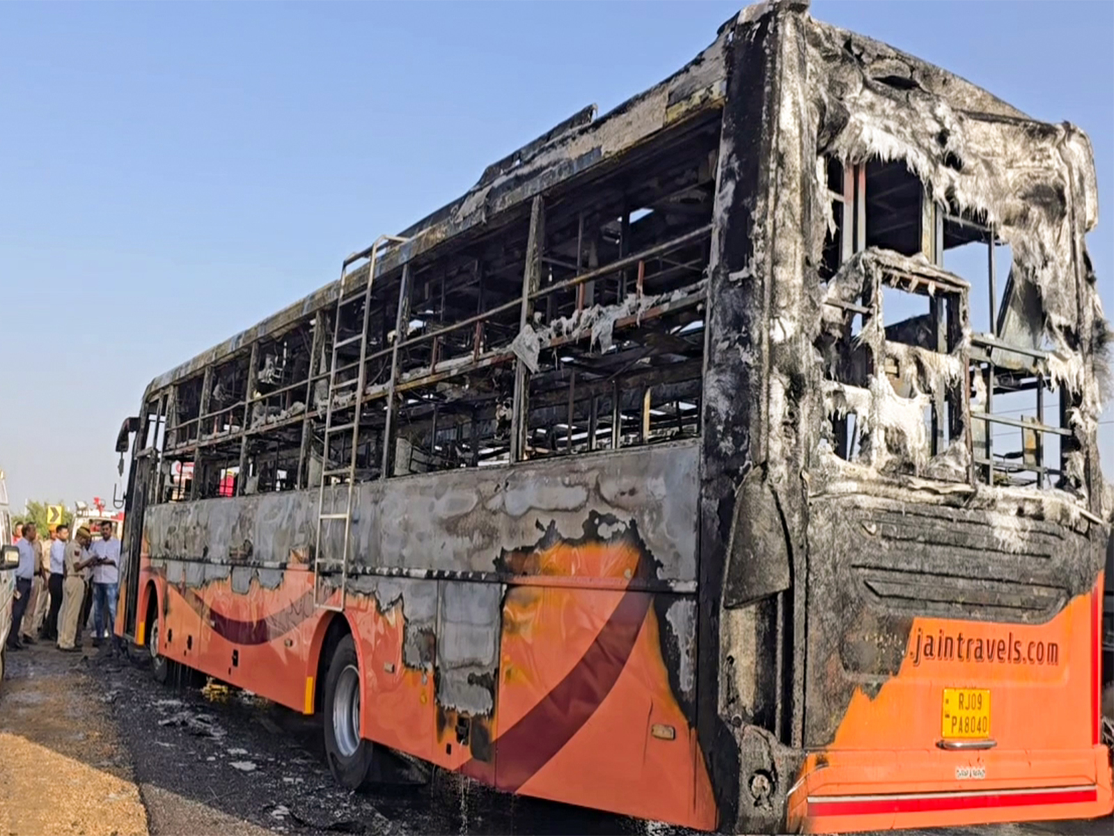 Bus enroute to Jodhpur caught fire near Thaiyat village in Jaisalmer on Tuesday. (Photo/ANI)