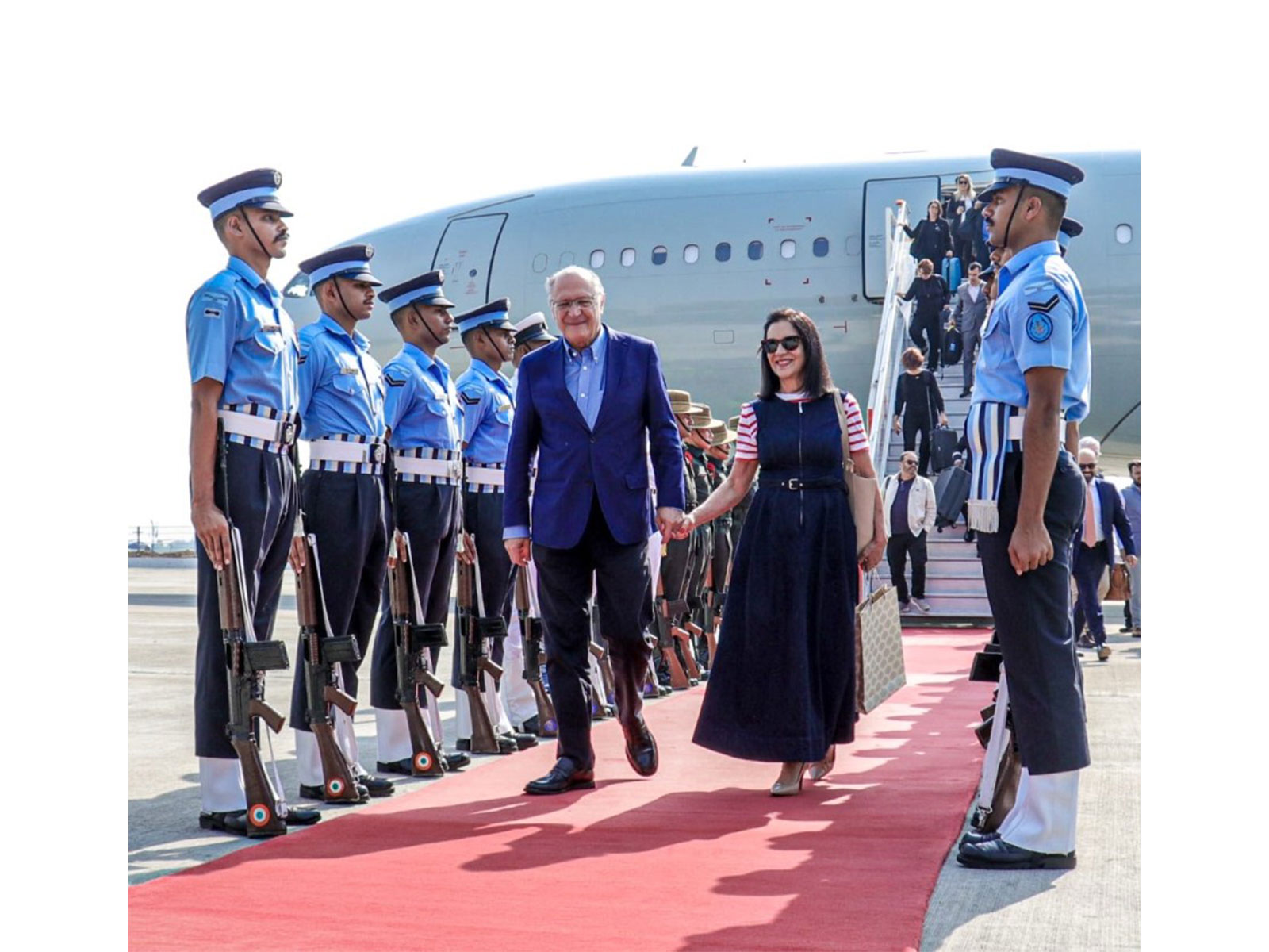 Brazilian Vice President Geraldo Alckmin with his wife Maria Lucia Alckmin arrives in New Delhi for a three-day official visit to strengthen cooperation between India and Brazil. (Image: X/@MEAIndia)
