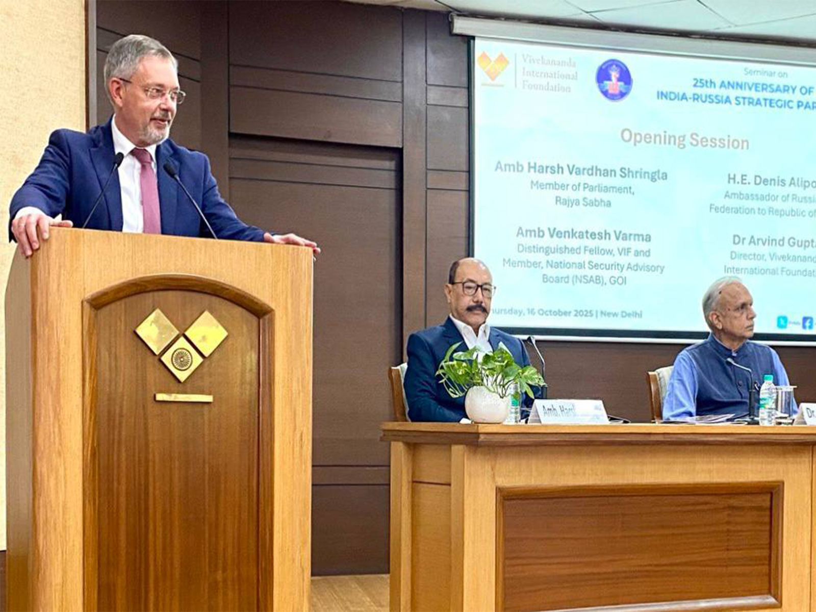 Russian Ambassador to India, Denis Alipov addressing seminar on 25th anniversary of India-Russia Strategic partnership declaration (Photo/ Russian Embassy)