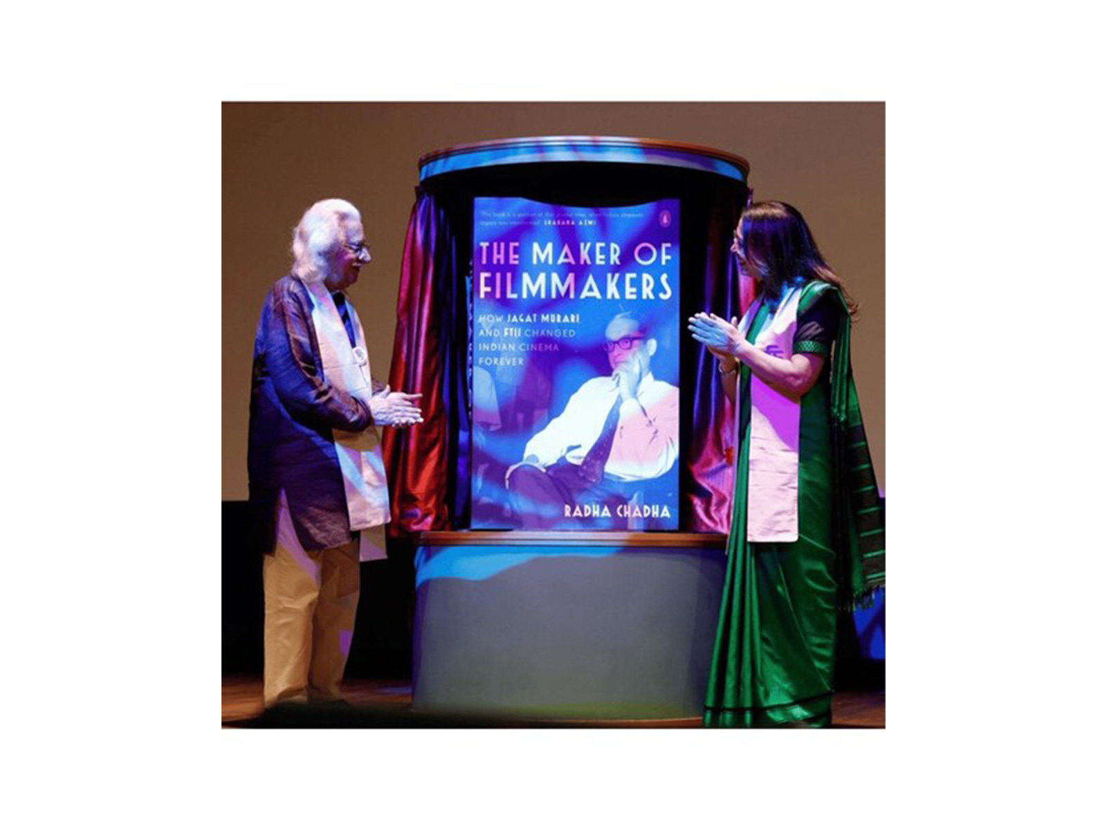 Adoor Gopalakrishnan launching the book 'The Maker of Filmmakers' at a function held at FTII. Radha Chadha, the author of the book, is on the right