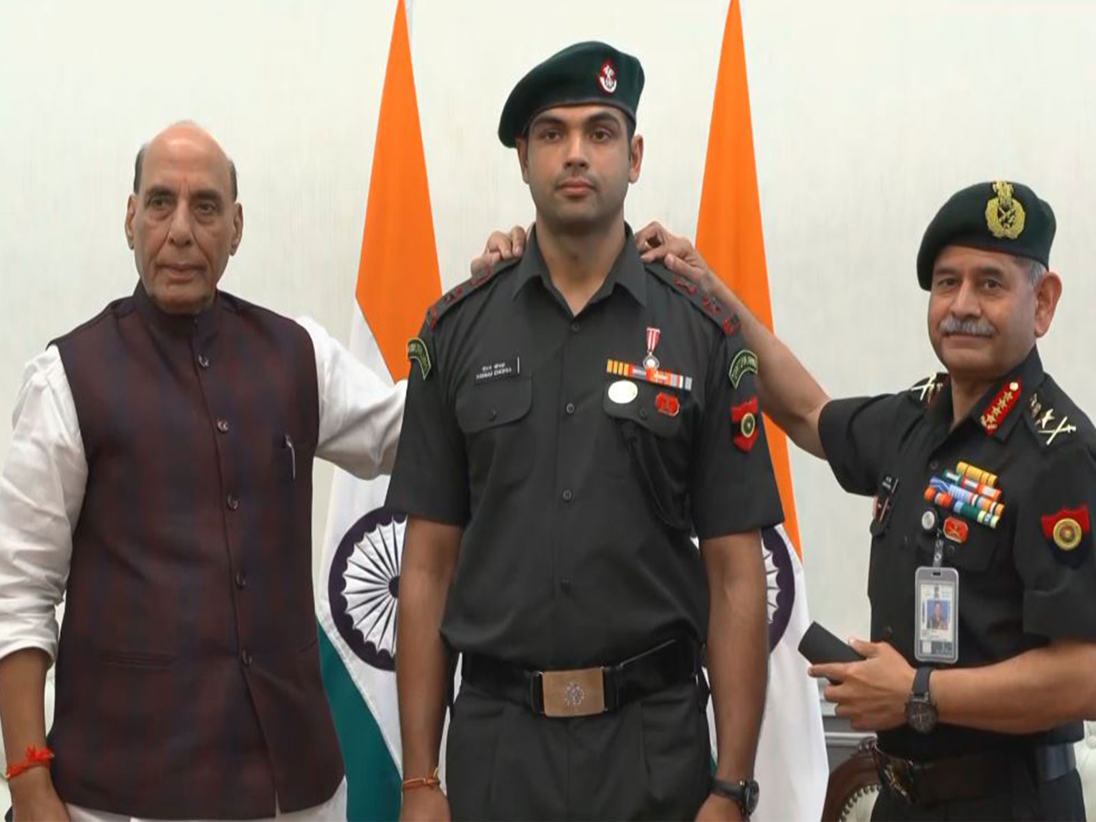 Neeraj Chopra being conferred with Honorary Lt. Col rank. (Photo: ANI)