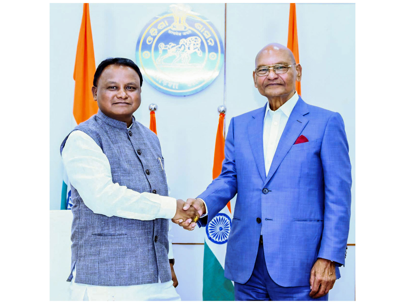 Odisha Chief Minister Mohan Charan Majhi meets Vedanta Resources Limited, Chairman, Anil Agarwal, to discuss new industrial projects at Lok Seva Bhawan, in Bhubaneswar on Thursday (@CMO_Odisha X/ANI Photo)