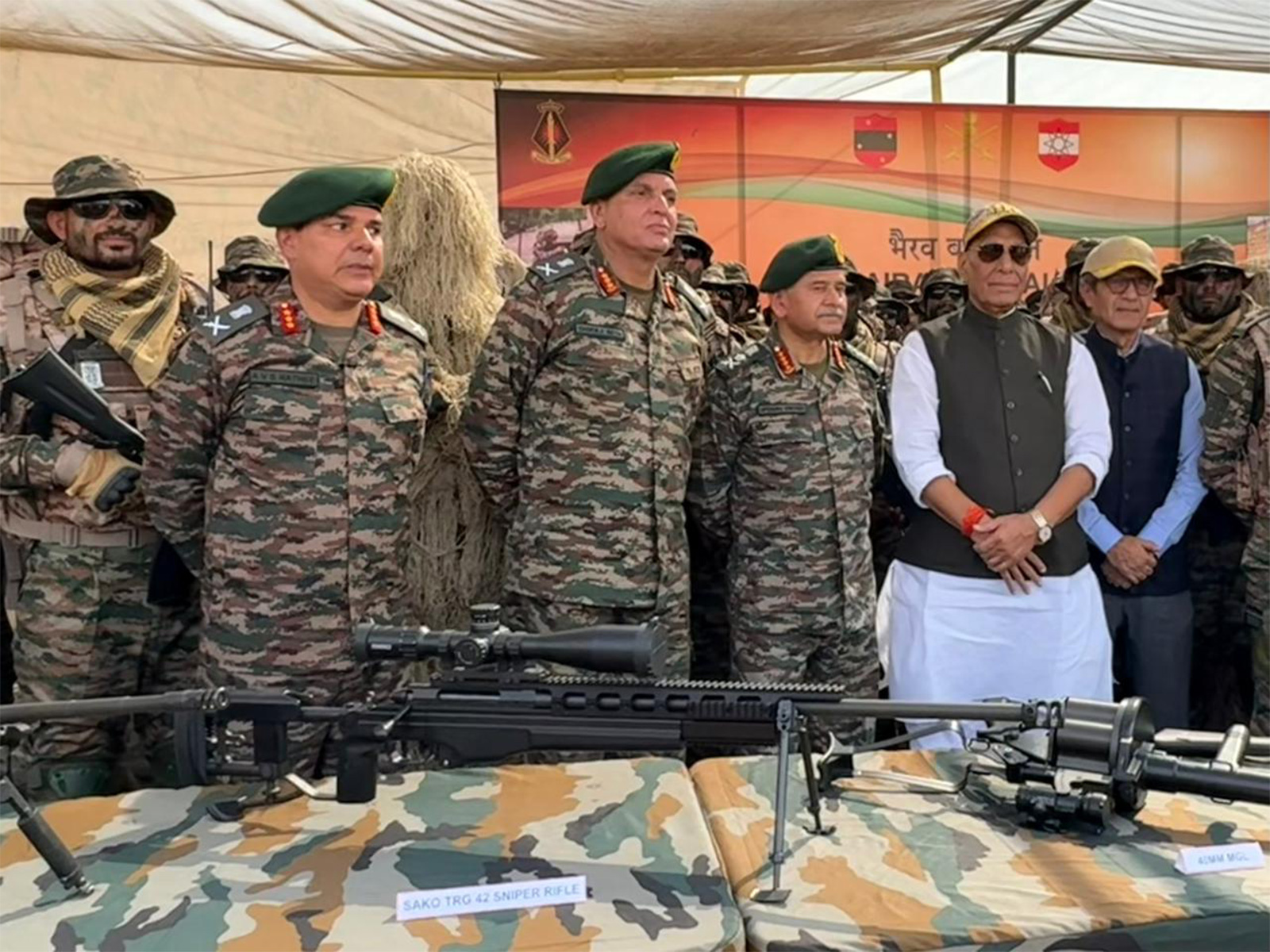 Rajnath Singh interacts with newly formed Bhairav Battalion at Longewala Battlefield (Photo: ANI)