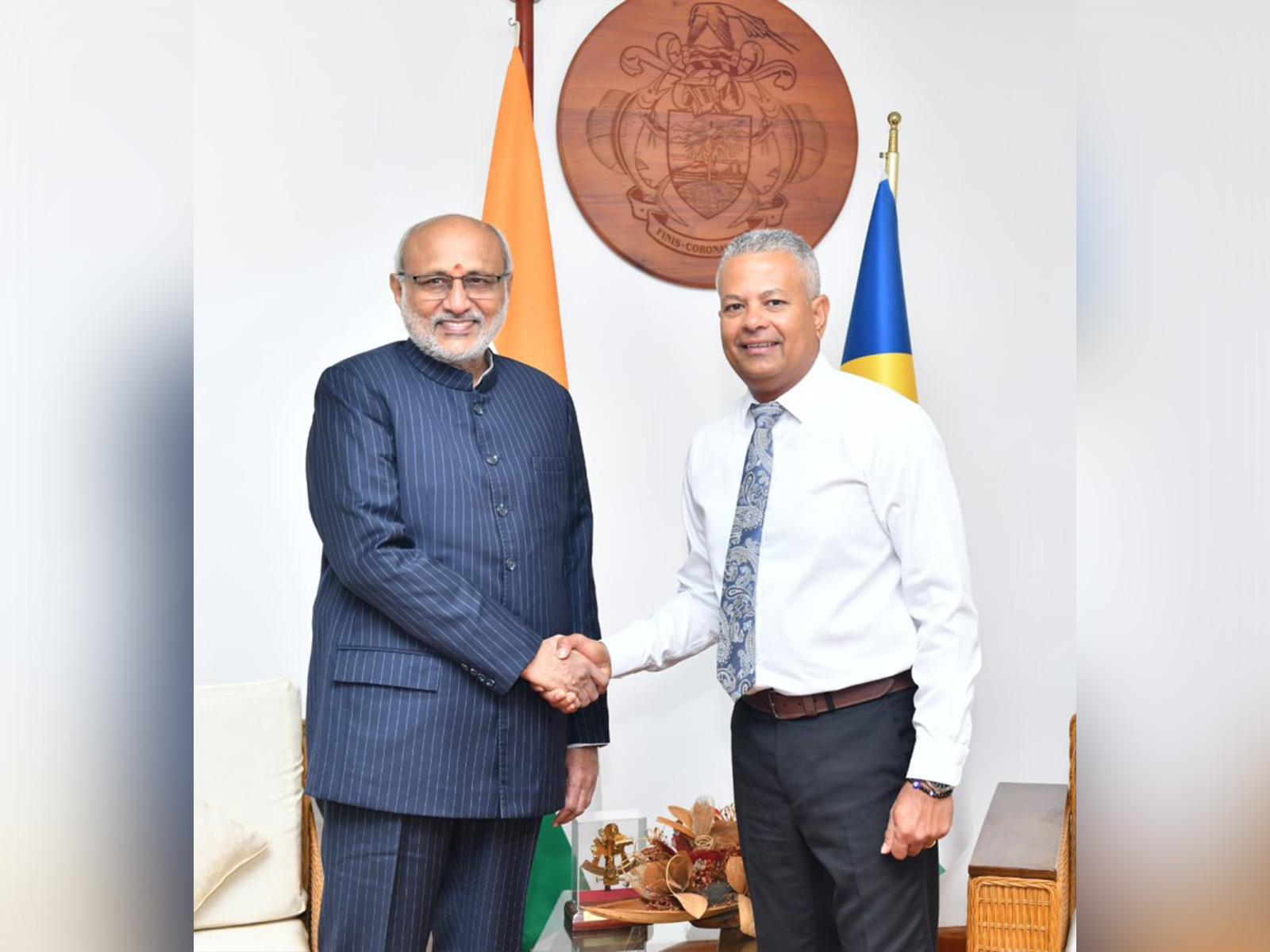 Vice President CP Radhakrishnan meets Seychelles Vice President-elect Sebastien Pillay at the State House in Victoria. (Image: X/@VPIndia)
