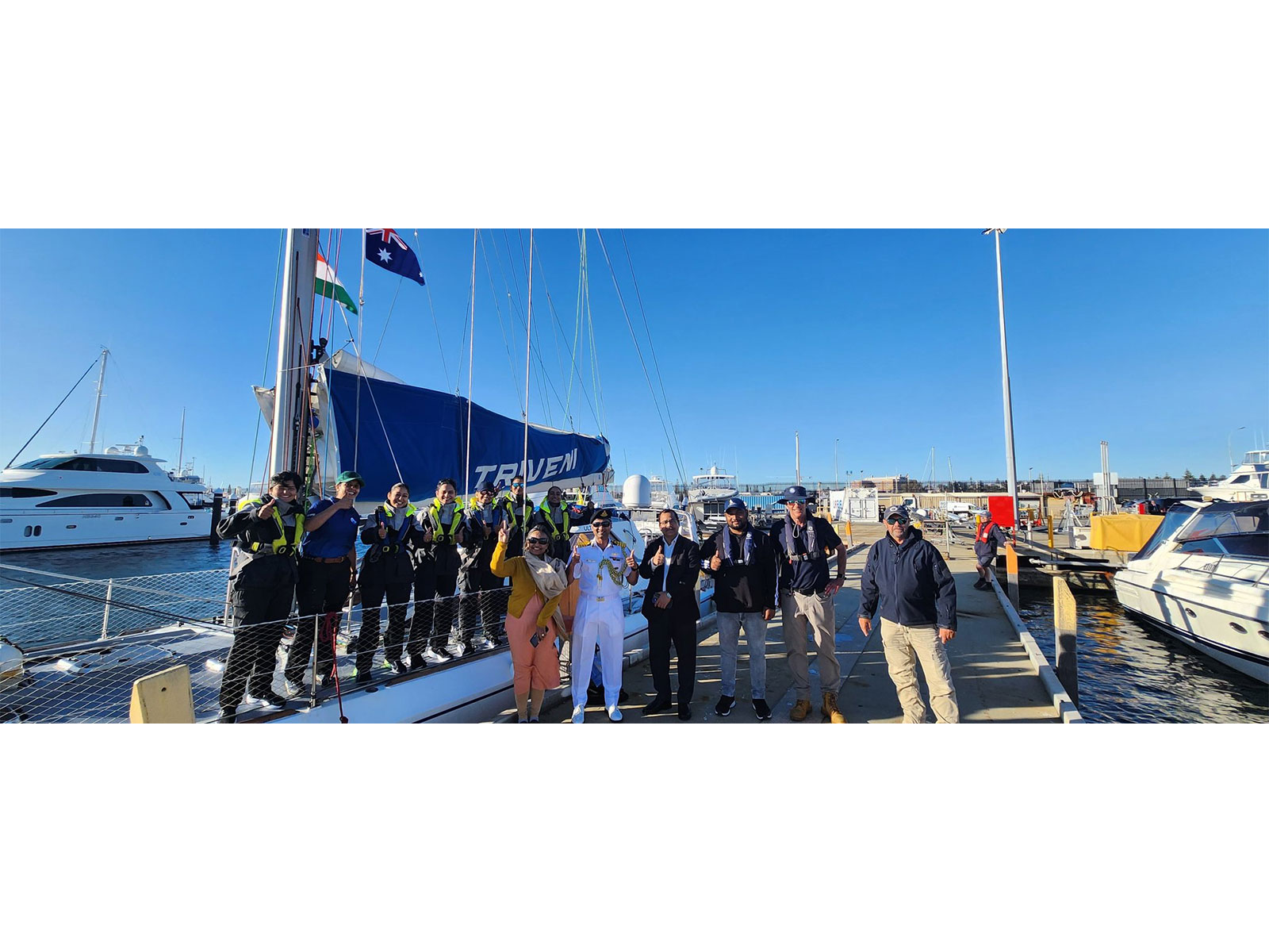 IASV Triveni docks at Fremantle as India's all-women Tri-Service sailing expedition reaches Australia (Photo/X@HCICanberra)