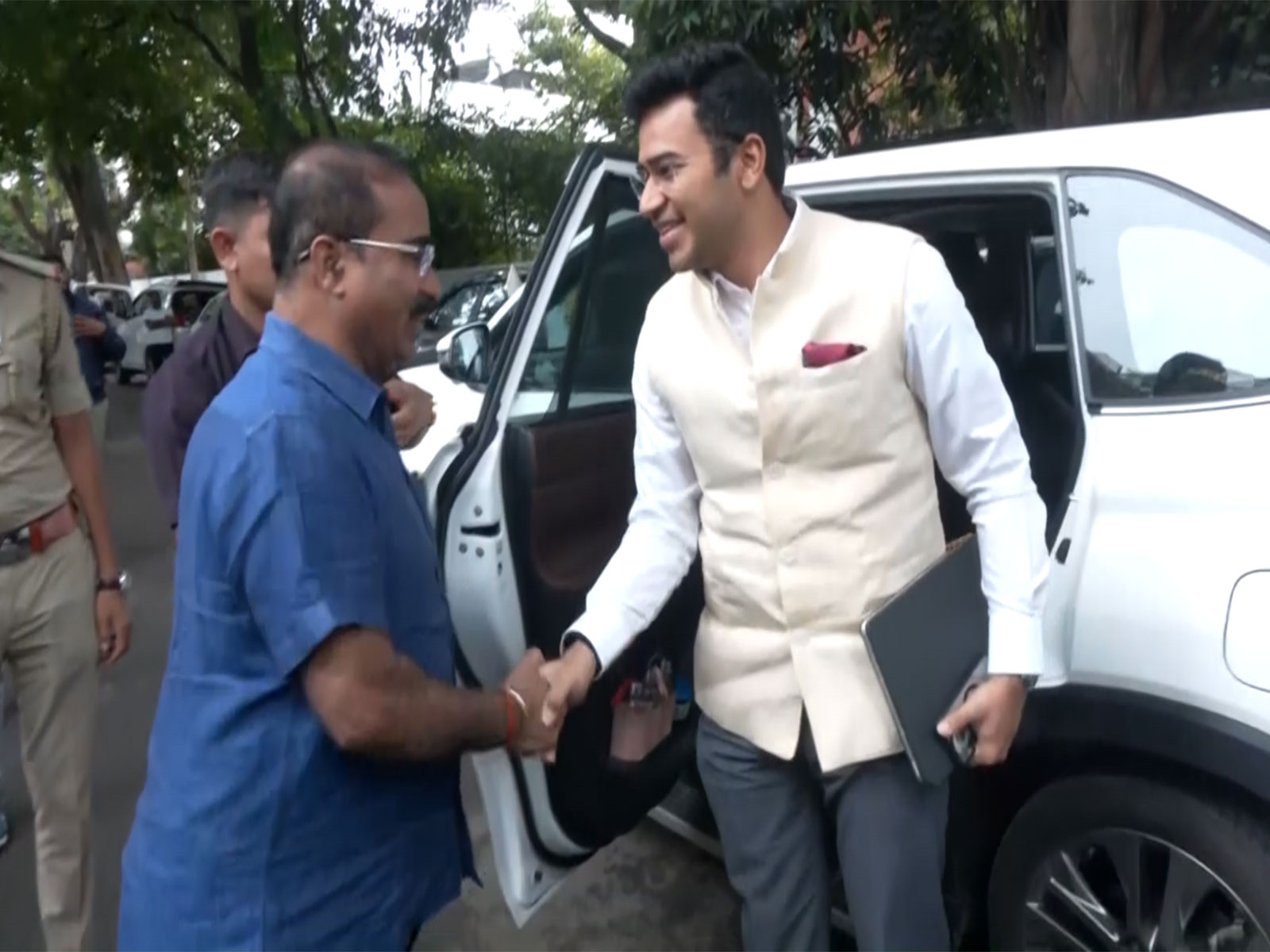 BJP MP tejasvi Surya at Karnataka Dy CM DK Shivakumar's residence. (Photo/ANI)