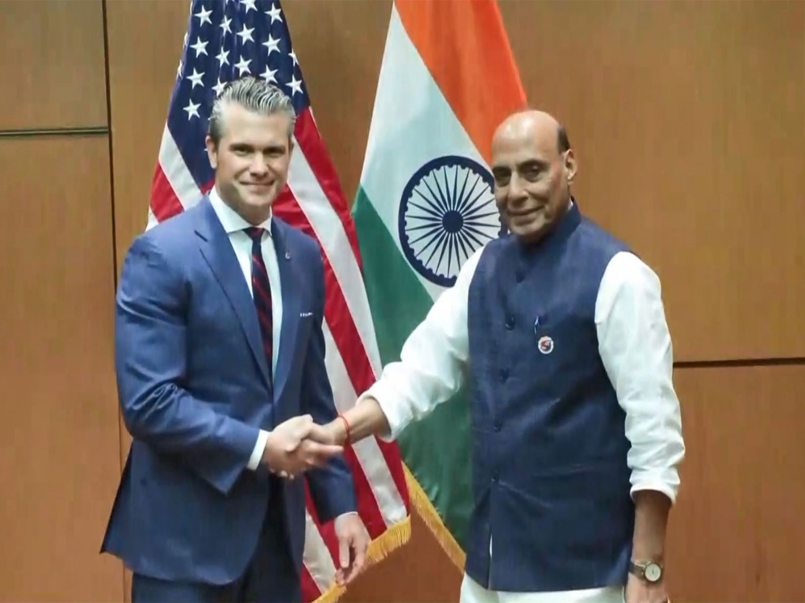 Defence Minister Rajnath Singh with US Secretary of War Pete Hegseth during their meeting in Kuala Lumpur, Malaysia. (Photo/ANI)