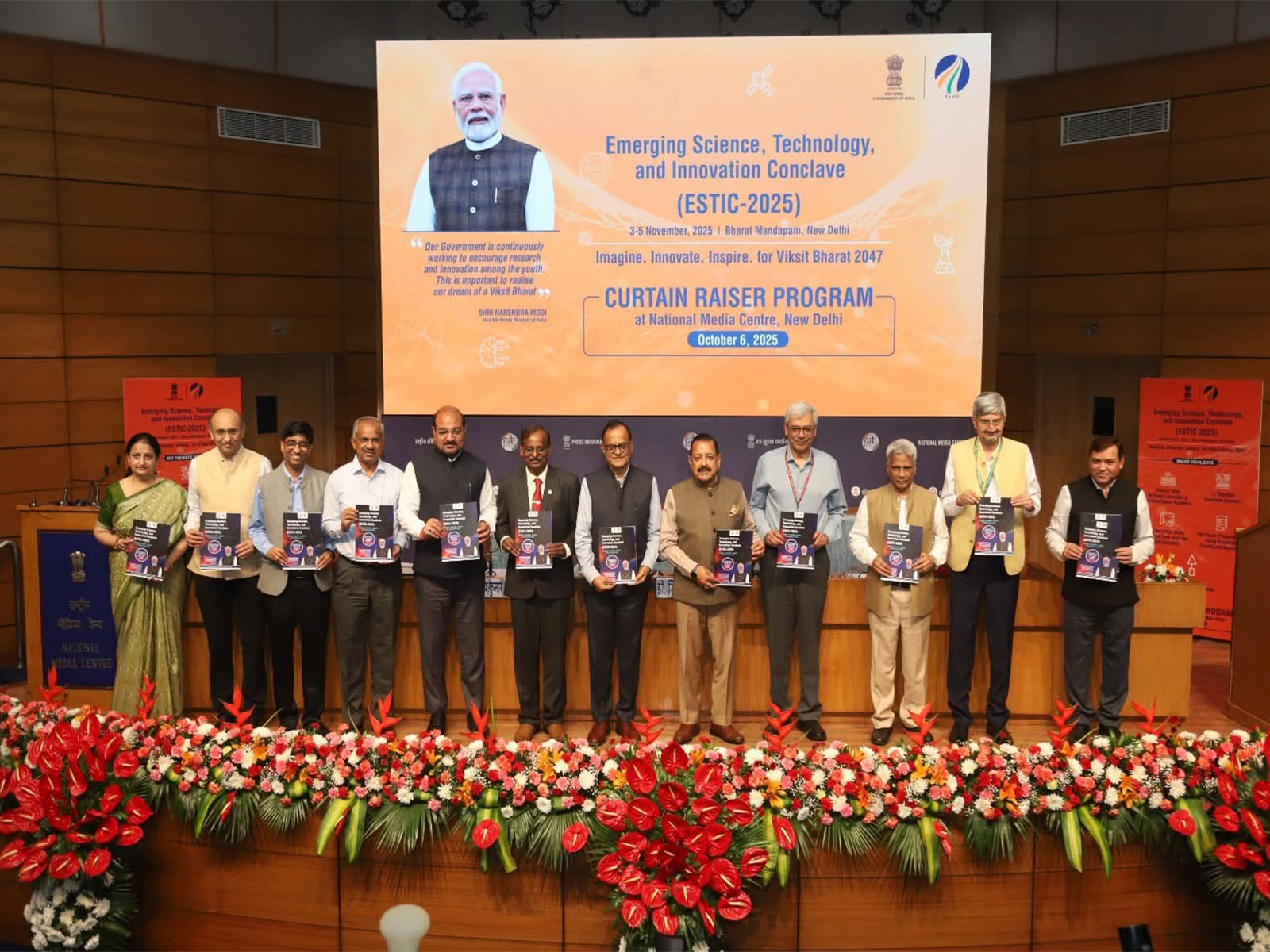Minister Jitendra Singh and senior S&T leaders release the ESTIC-2025 brochure during the Curtain Raiser
