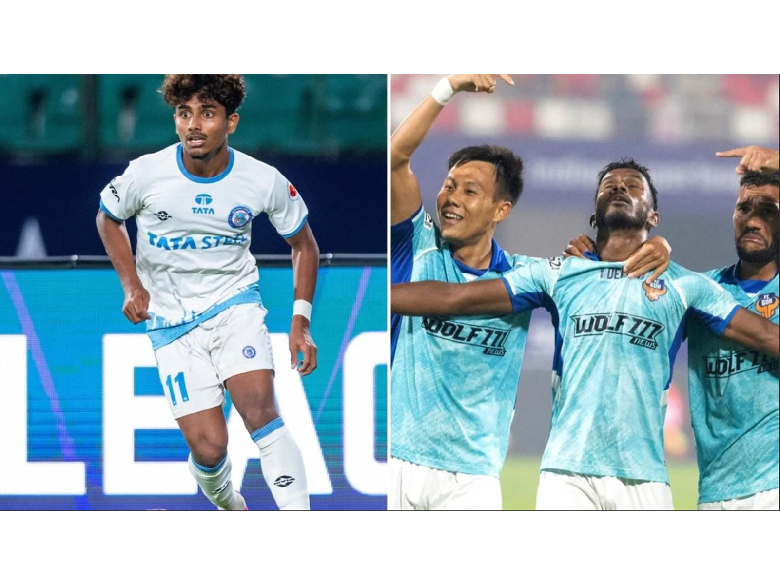 Jamshedpur FC player in action (L); FC Goa players celebrating (R) (Photo/ISL)