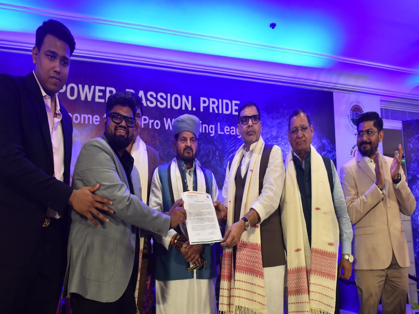 Brij Bhushan Singh (centre) at the event. (Photo: WFI/Pro Wrestling League)