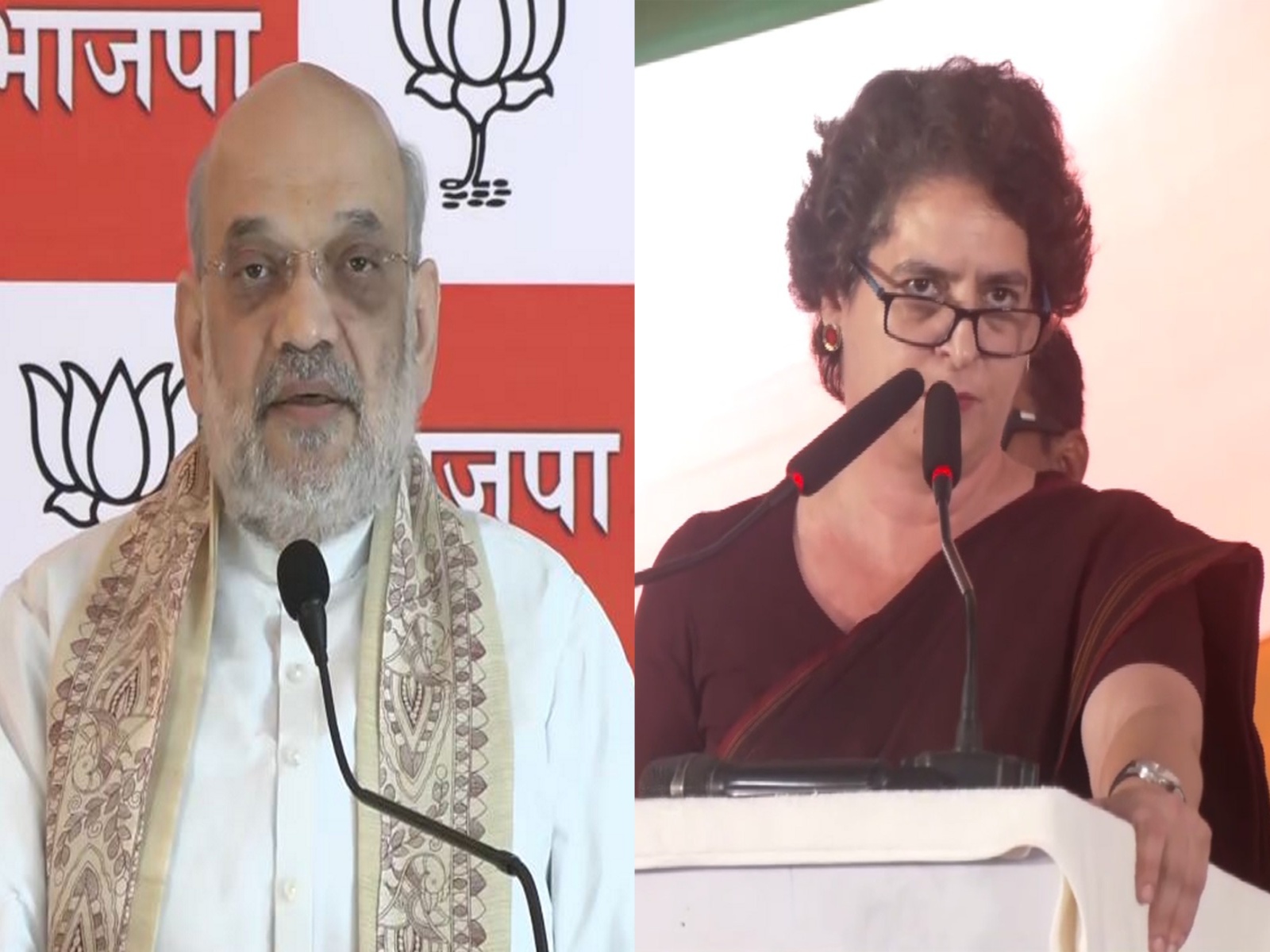 Union Home Minister Amit Shah (Left) and Congress leader Priyanka Gandhi Vadra (Right) (Photos/ANI)