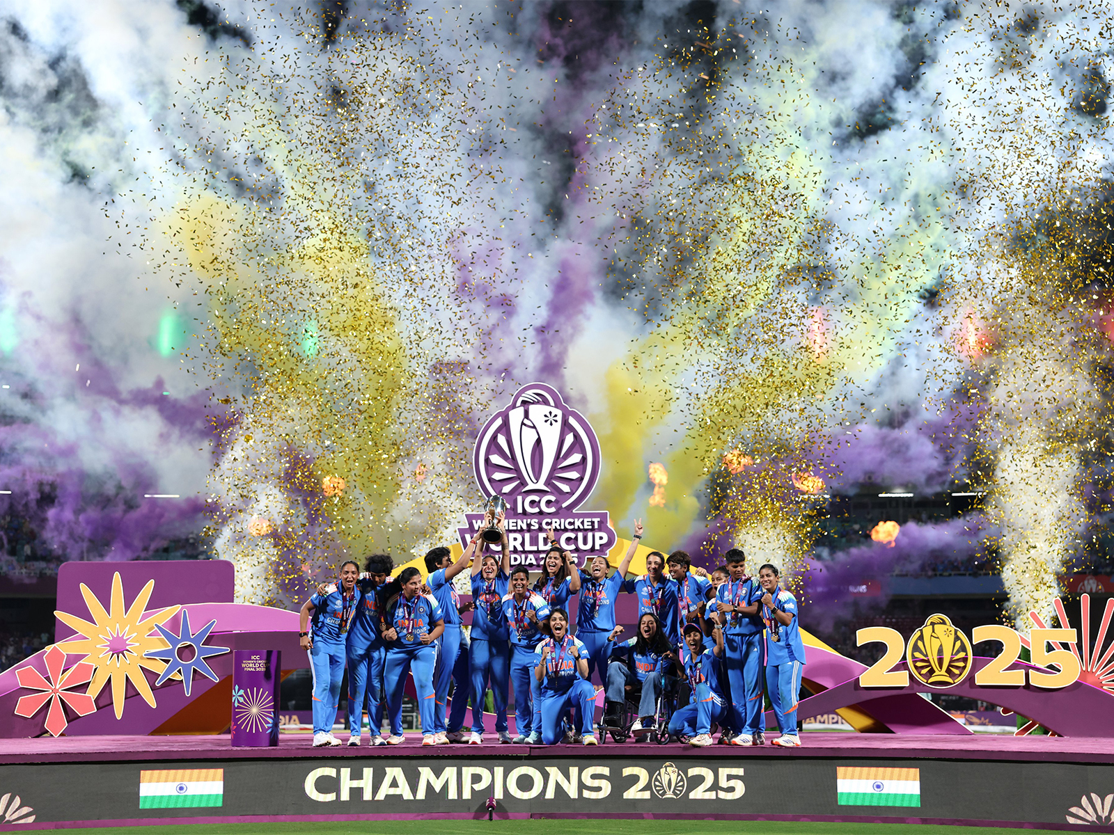 Team India celebrating with the World Cup trophy. (Photo: @BCCI Women X)