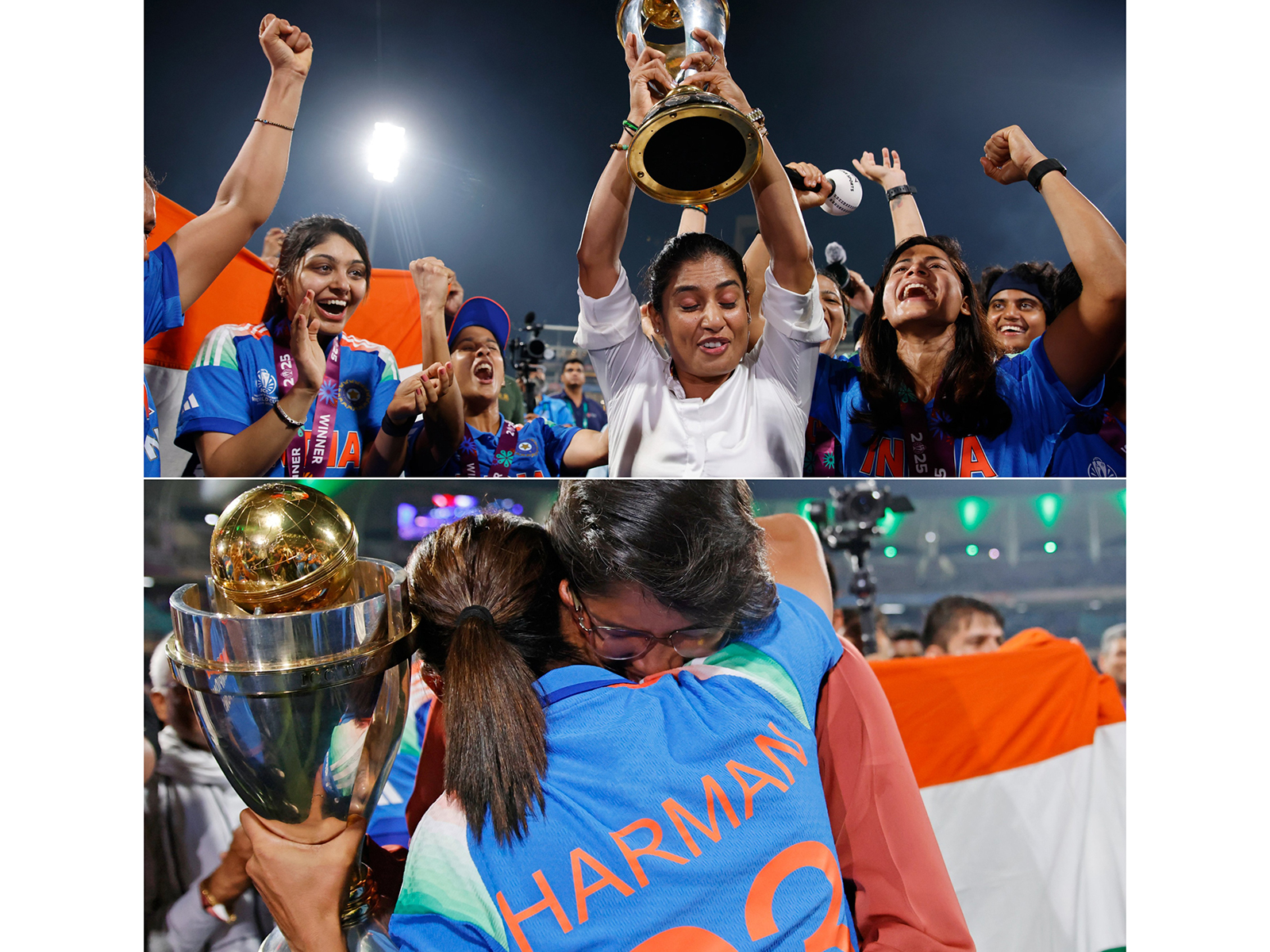 Team India celebrating with Mithali Raj and Jhulan Goswami. (Photo: @BCCI Women X)