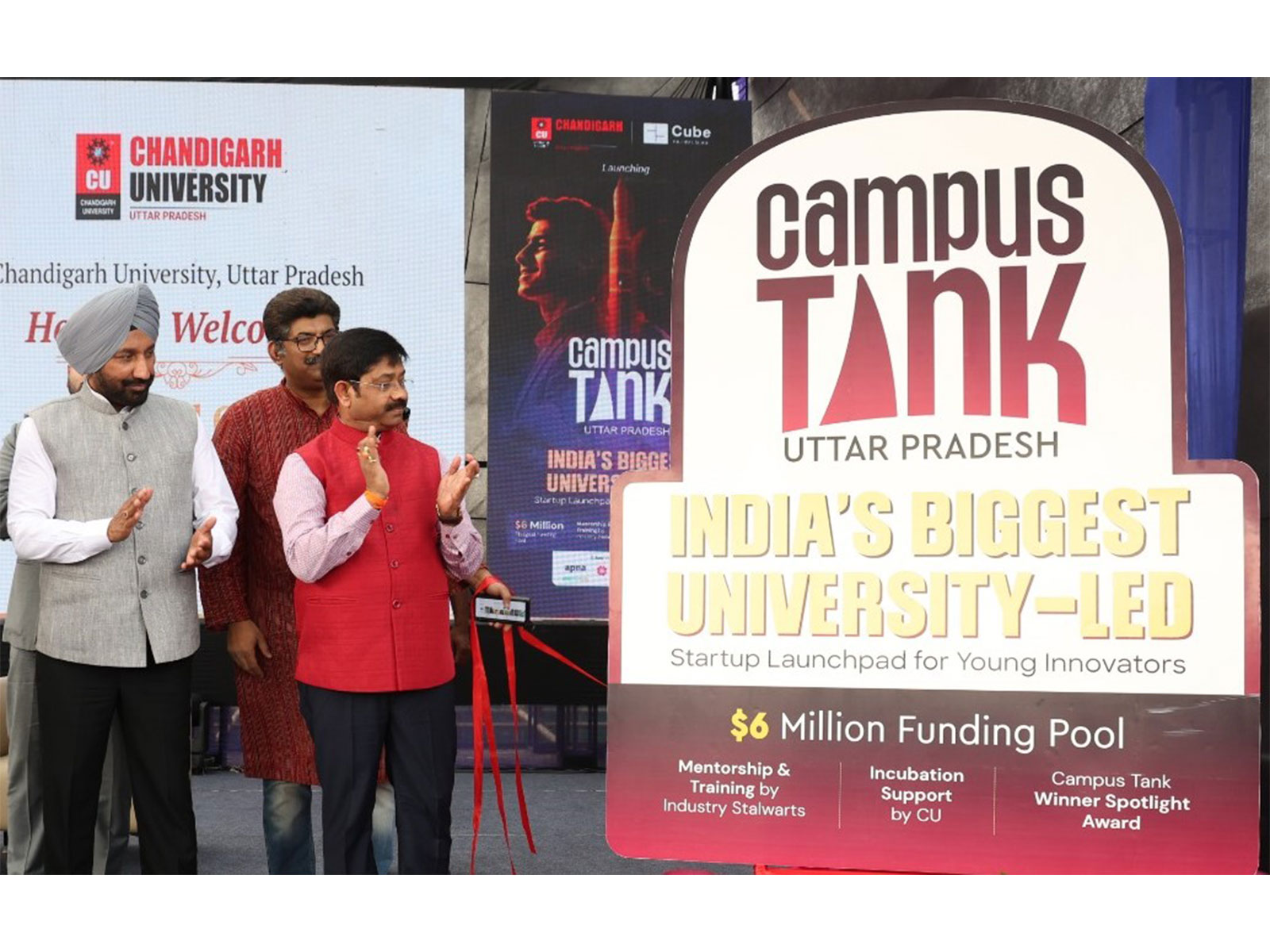 UP Govt. Minister Nand Gopal Gupta 'Nandi' along with MP Rajya Sabha & Chancellor Shri Satnam Singh Sandhu inaugurating 'Campus Tank' at Chandigarh University, Uttar Pradesh