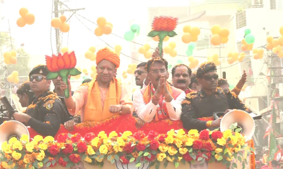 UP CM Yogi Adityanath holds roadshow in Darbhanga (Photo: ANI)