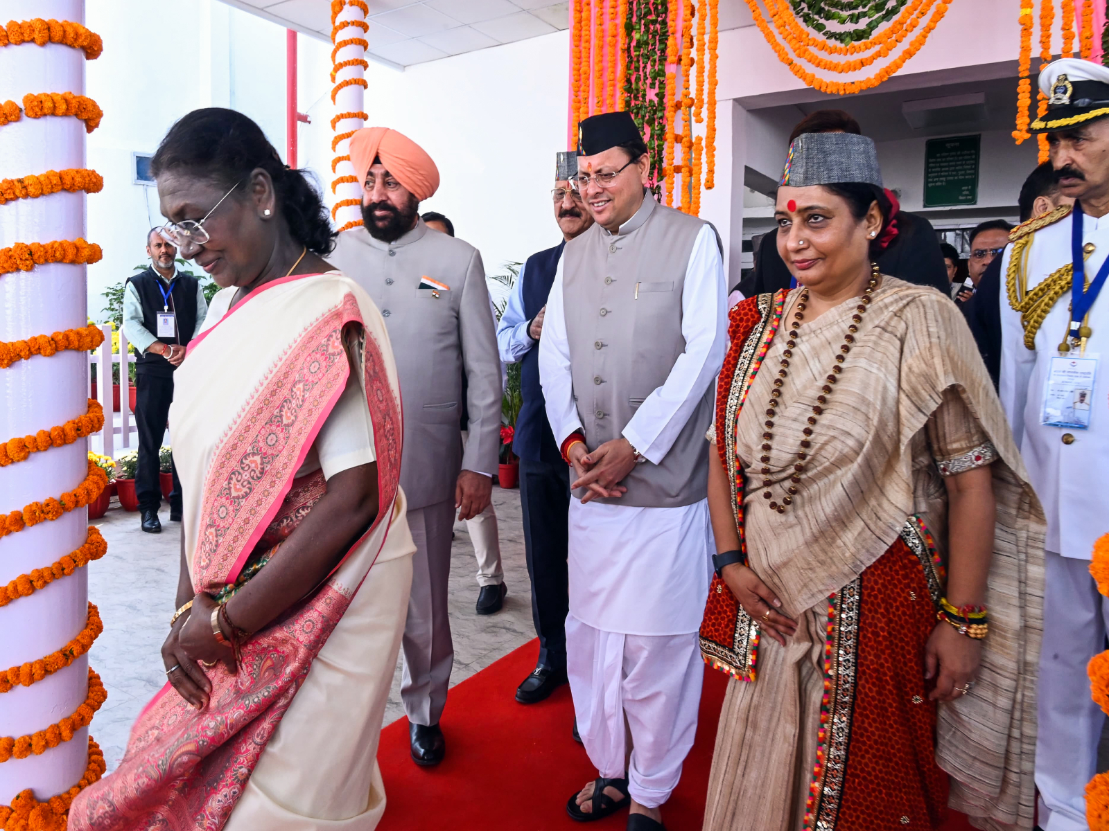 President Droupadi Murmu leaves after addressing the Uttarakhand Legislative Assembly on the occasion of the Silver Jubilee. (Photo/ANI)