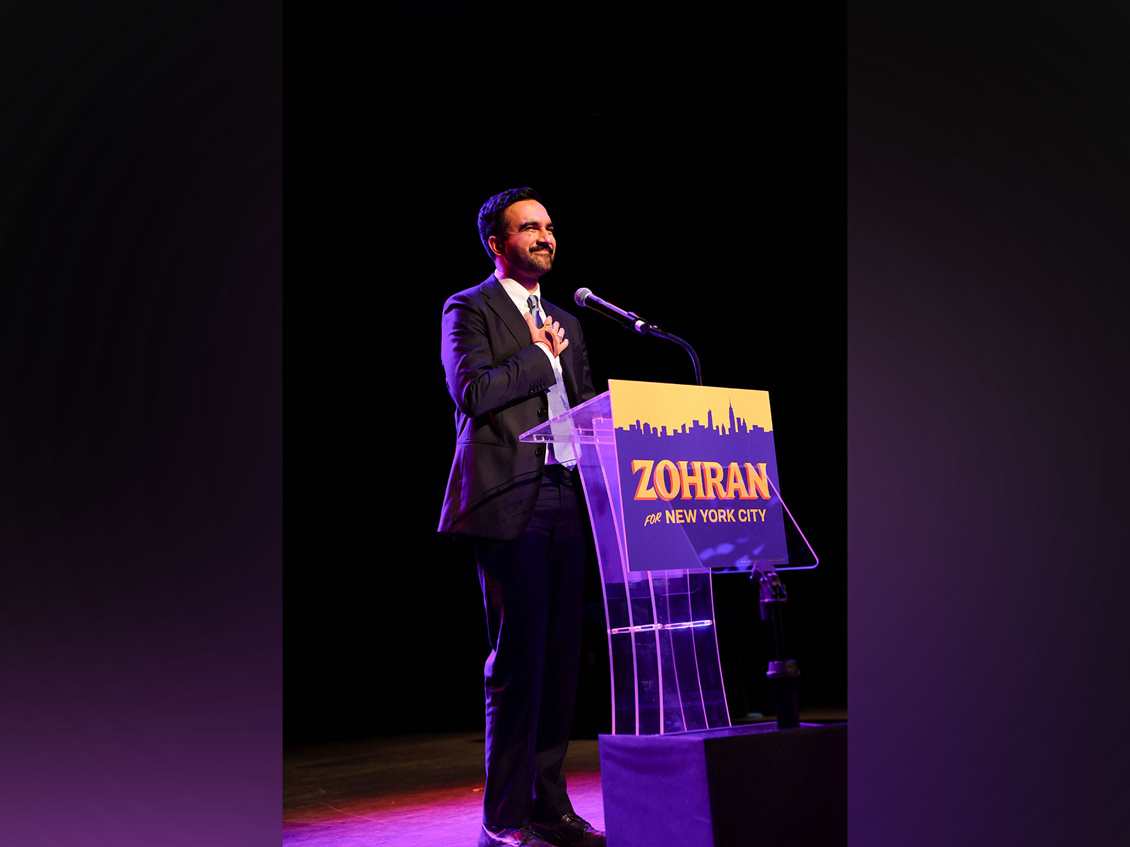Zohran Mamdani walks off the stage to "Dhoom Machale" after winning the NYC mayoral race. (Photo/Reuters)