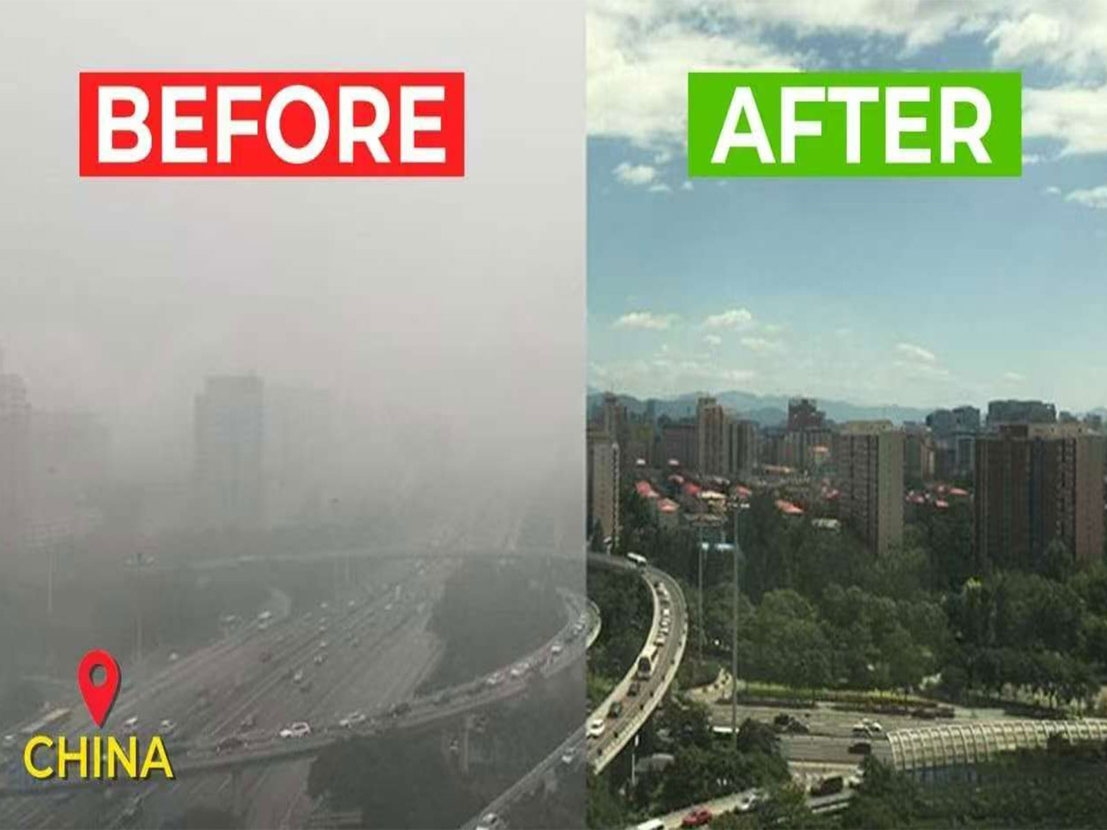 Before and after images showing China's air quality (Photo: X@ChinaSpox_India)