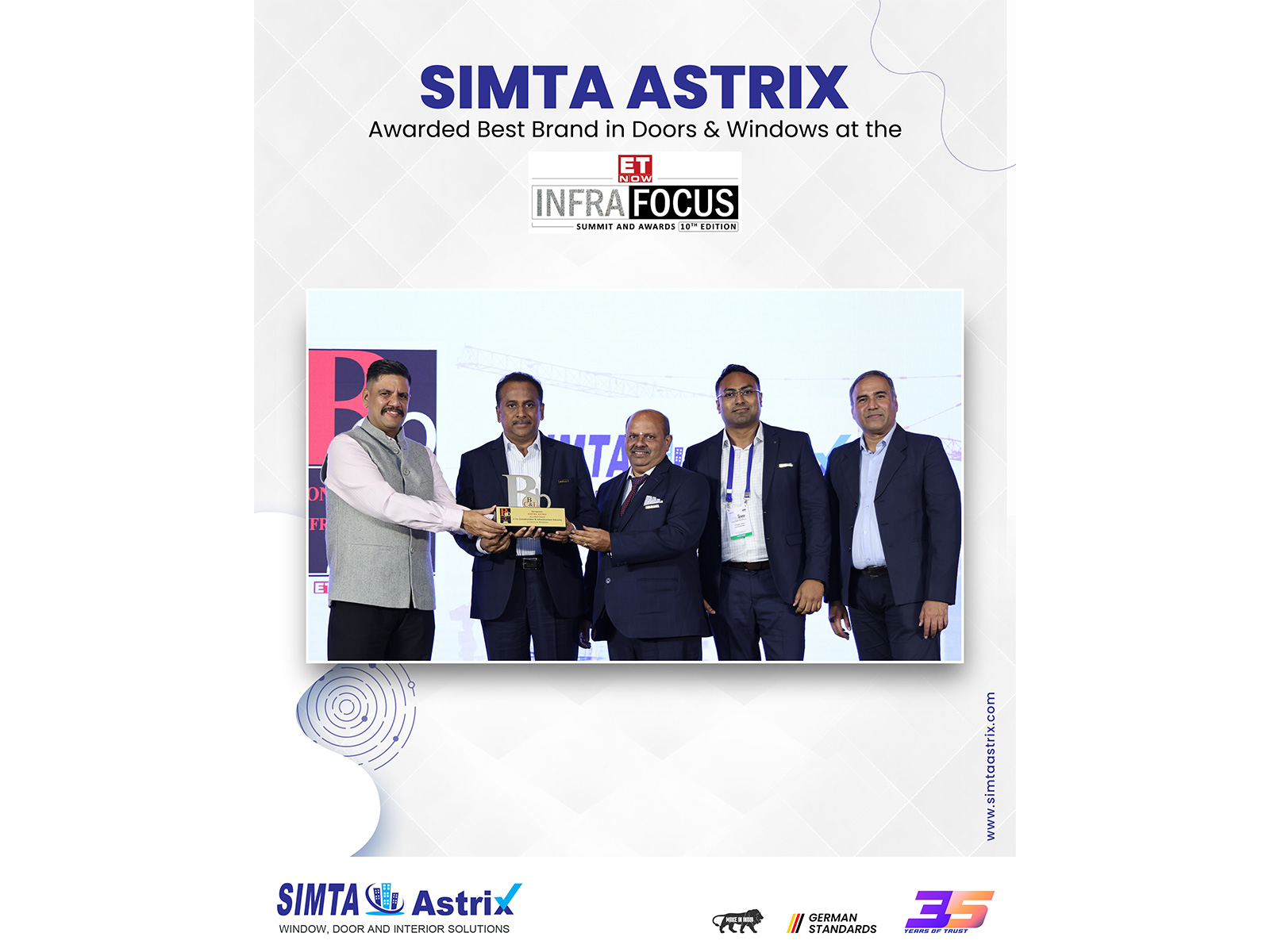 Simta Astrix the Best Brand in Doors and Windows at the ET Now InfraFocus Awards