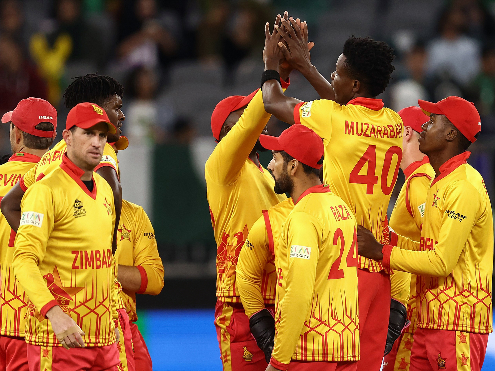 Zimbabwe's Blessing Muzarabani celebrates with teammates (Photo: ANI)