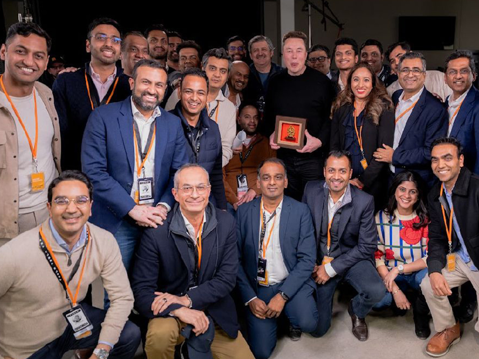 Delegation led by Manoj Ladwa with Elon Musk holding a 'Ganesh Murti', (Photo- X@IGFupdates)