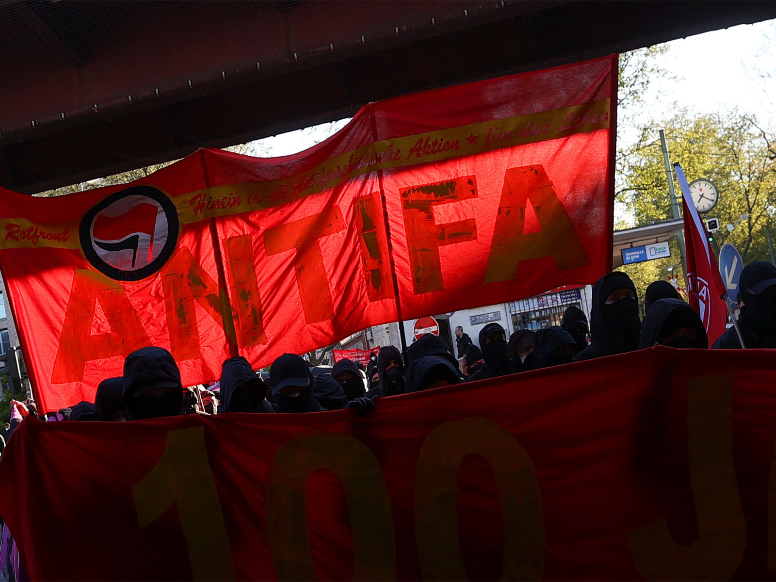 Left-wing activists (Antifa) hold banners, as they gather to celebrate the 100th anniversary of Antifa in Frankfurt, Germany, May 7, 2021 (File Photo/Reuters)