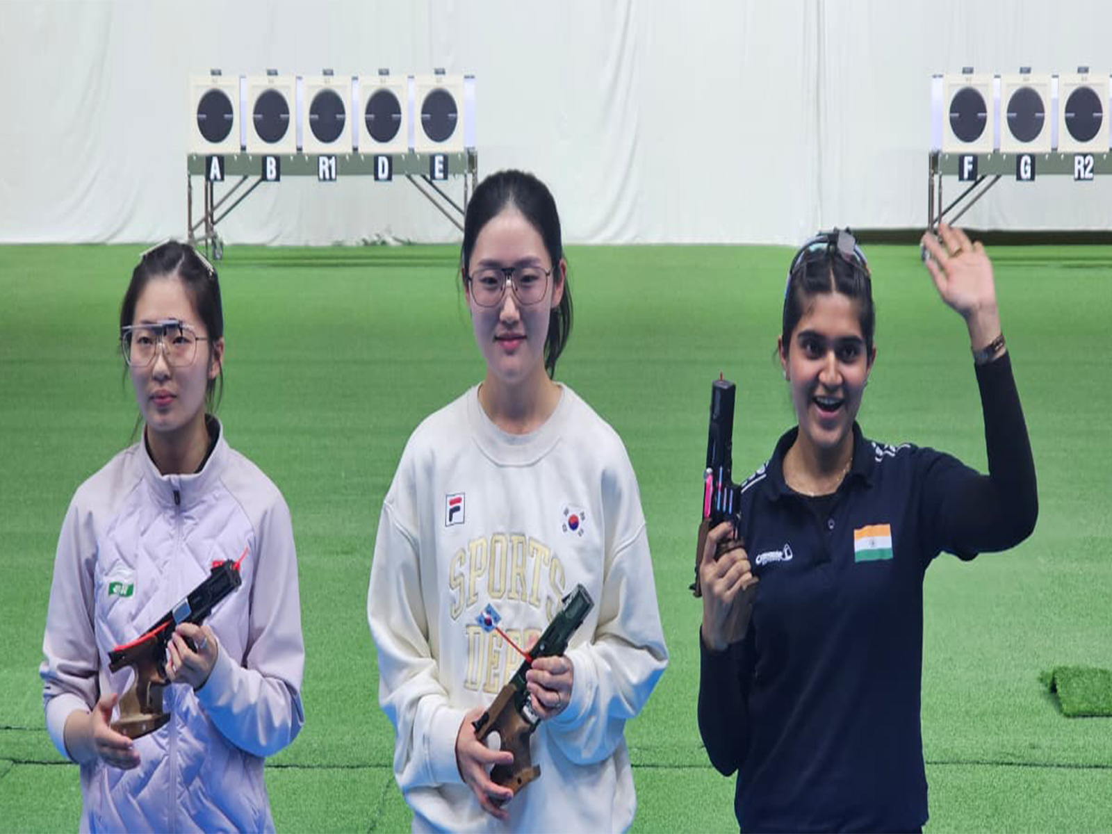 Yao Qianxun (China), Yang Jiin (South Korea) and Esha Singh (India) at ISSF World Championships (Image: NRAI)