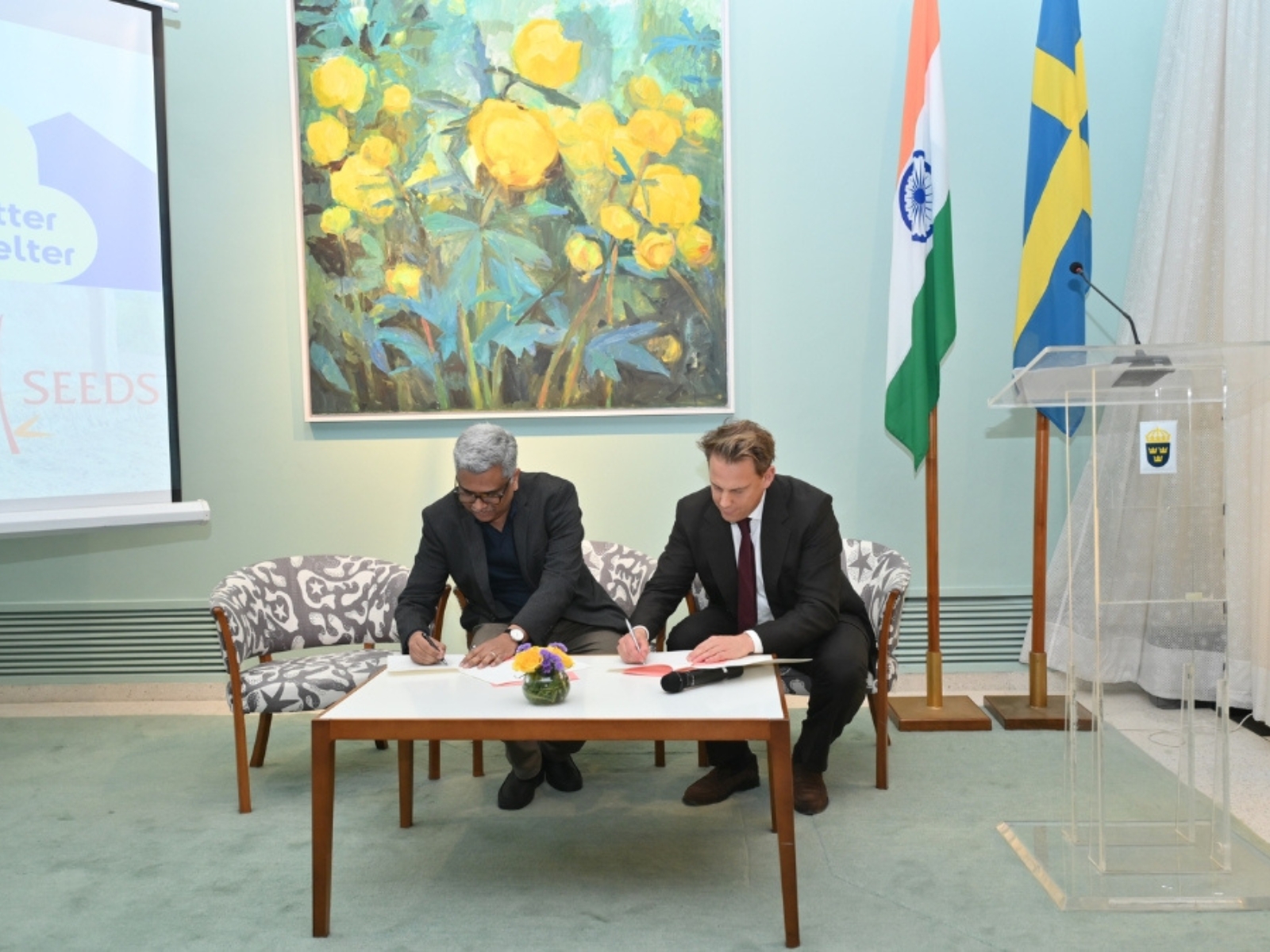 Founder and Managing Director of Better Shelter Johan Karlsson and Co-founder of SEEDS India Dr. Manu Gupta at the signing ceremony of the Memorandum of Understanding in New Delhi on Thursday