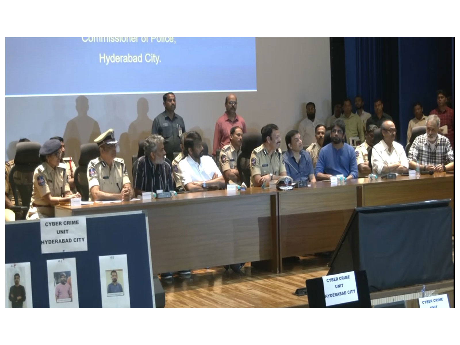 Hyderabad Commissioner of Police VC Sajjanar along with Akkineni Nagarjuna, Chiranjeevi, Rajamouli And Telangana Film Development Corporation Chairman Dil Raju(Image source/ANI)