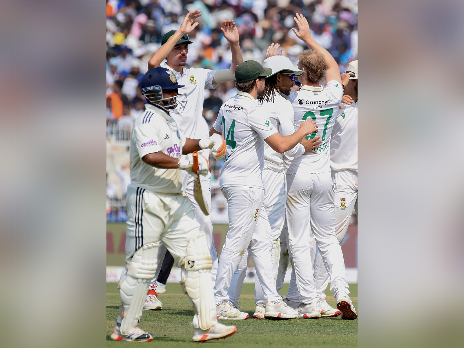 South African team celebrates wicket of Rishabh Pant. (Photo/ANI)