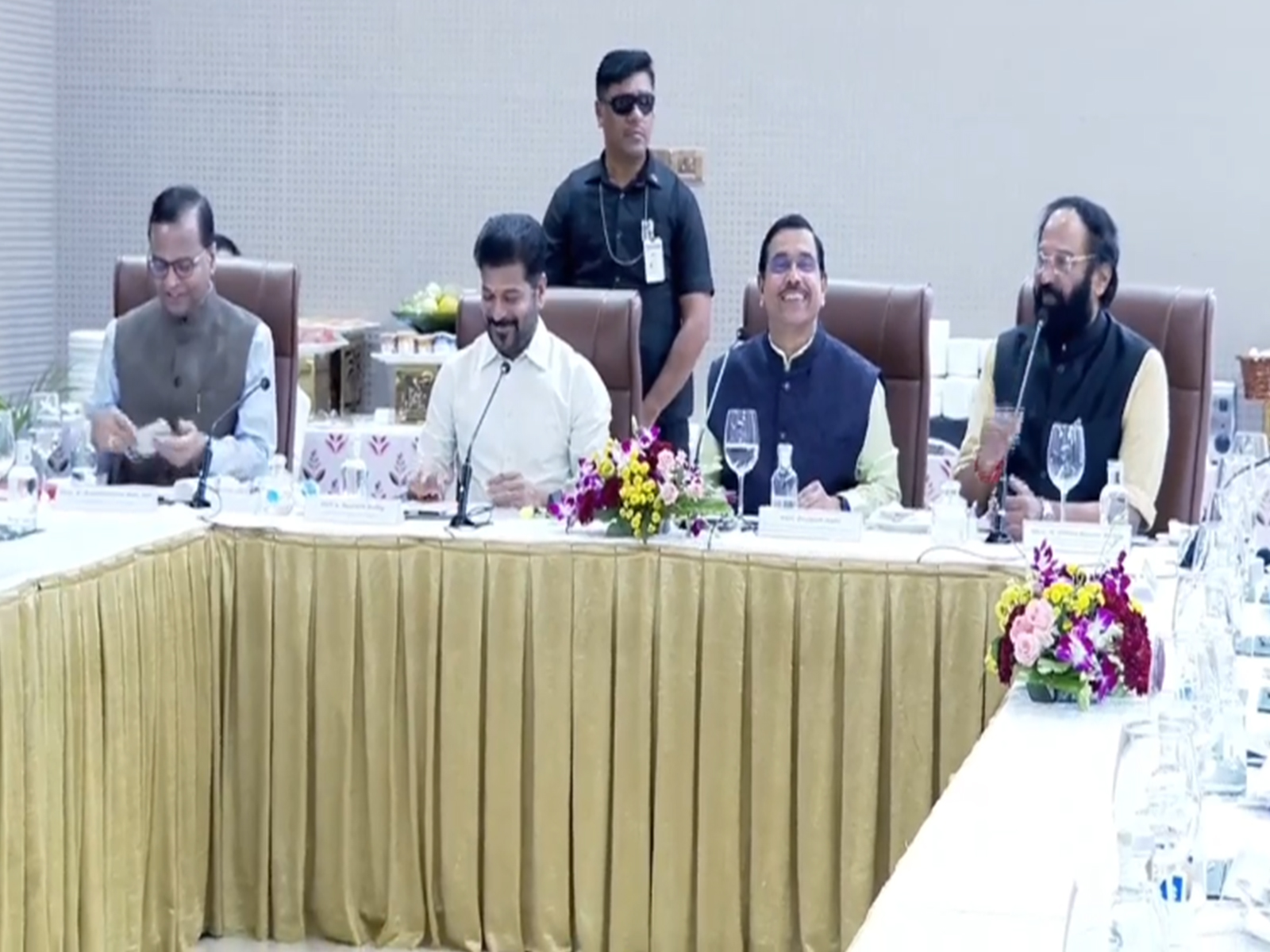 Telangana CM Reddy holds breakfast meeting with Union Minister Pralhad Joshi (Photo/ANI)