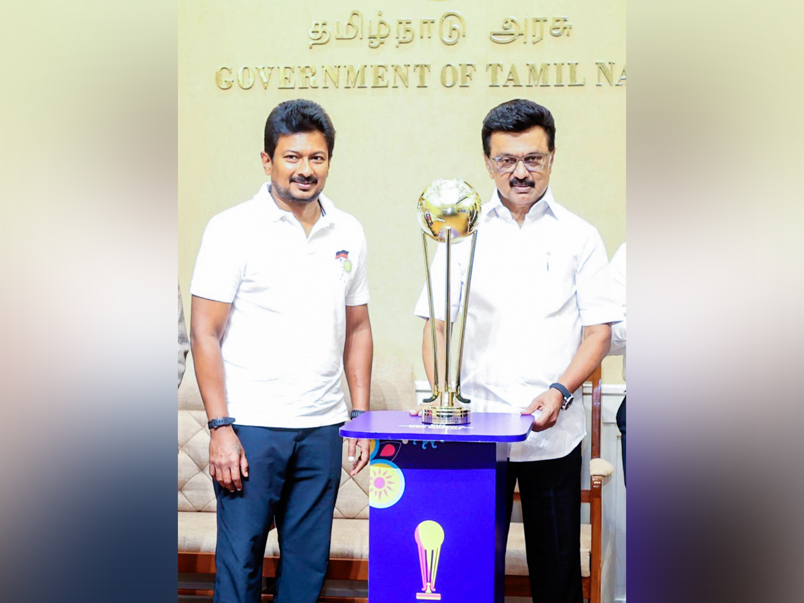 Udhayanidhi Stalin posing with M.K. Stalin after unveiling the trophy for the upcoming FIH Hockey Men's Junior World Cup 2025 (Photo: ANI)