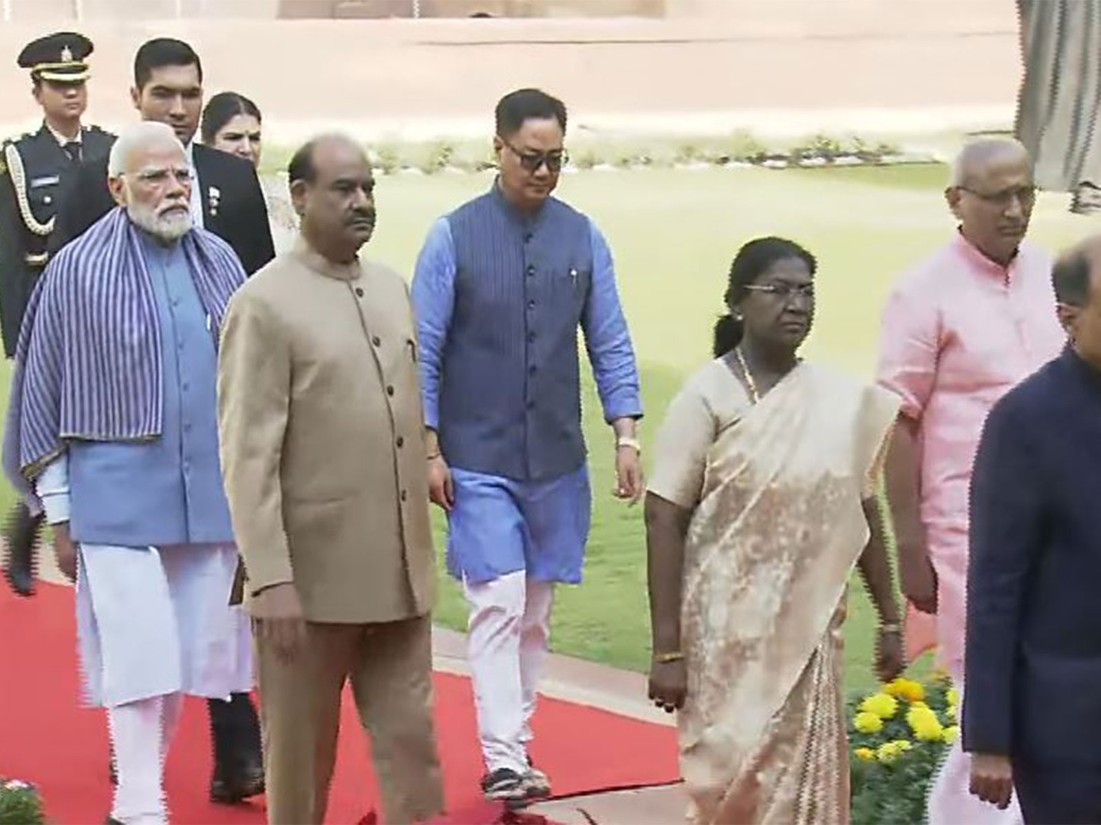 President Droupadi Murmu and PM Narendra Modi arrive at Samvidhan Sadan (Photo/ANI)