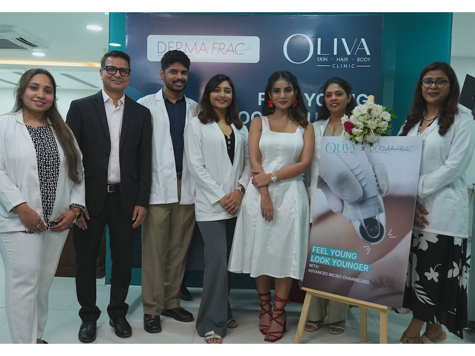 Tollywood's Ananya Nagalla launches Oliva's new DermaFrac advanced micro-channelling treatment with Dr Jwalitha Reddy and Dr Sanjita Tripathy.