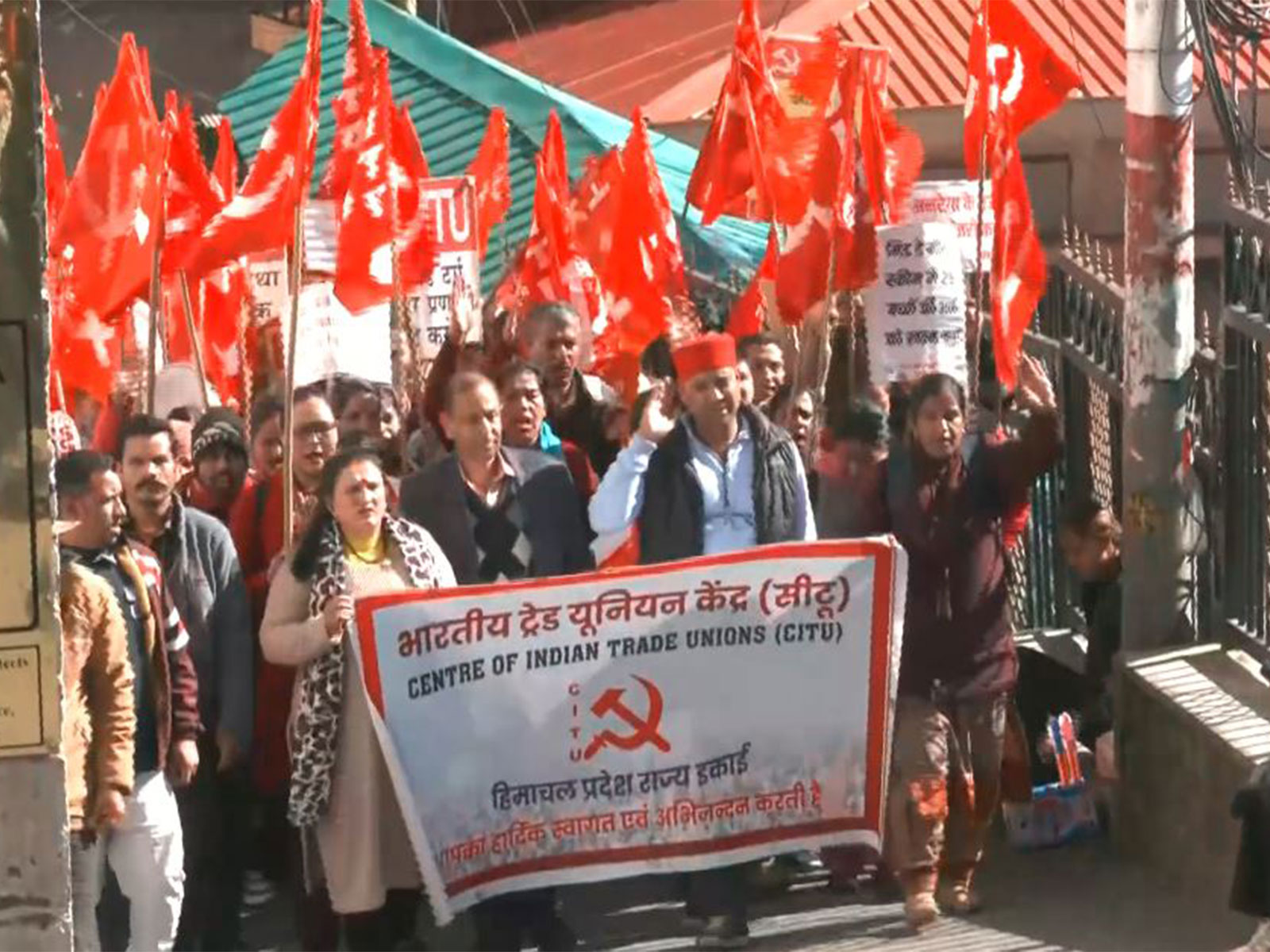 Visuals from protest against labour codes in Shimla (Photo/ANI)