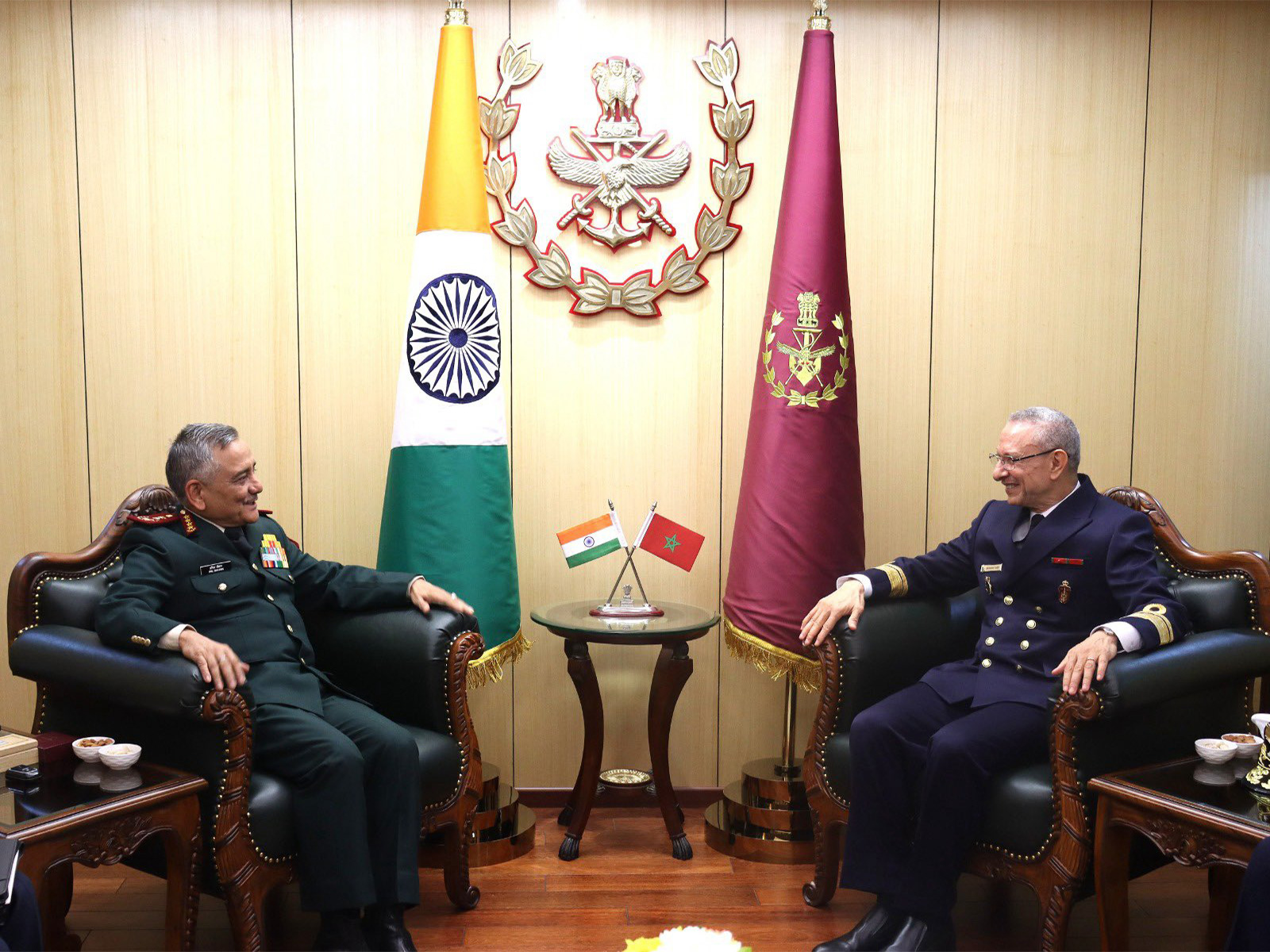  Chief of Defence Staff General Anil Chauhan meets Rear Admiral Mohamed Tahin, Inspector General of the Royal Moroccan Navy (Photo:X/@HQ_IDS_India)