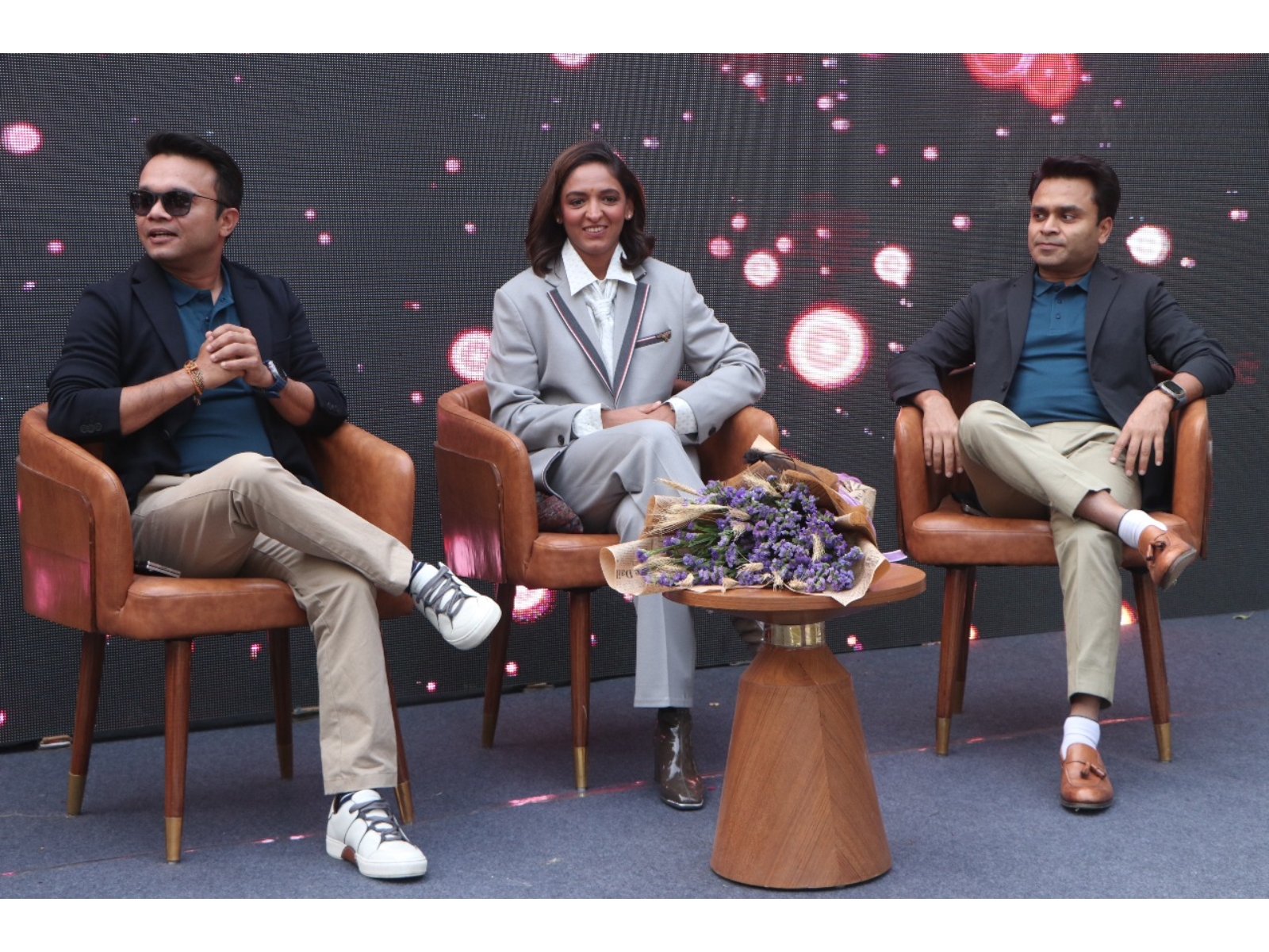 L-R, Abhishek Jain- Harmanpreet Kaur- Viknesh Jain at the rebrand event of Euronics India.