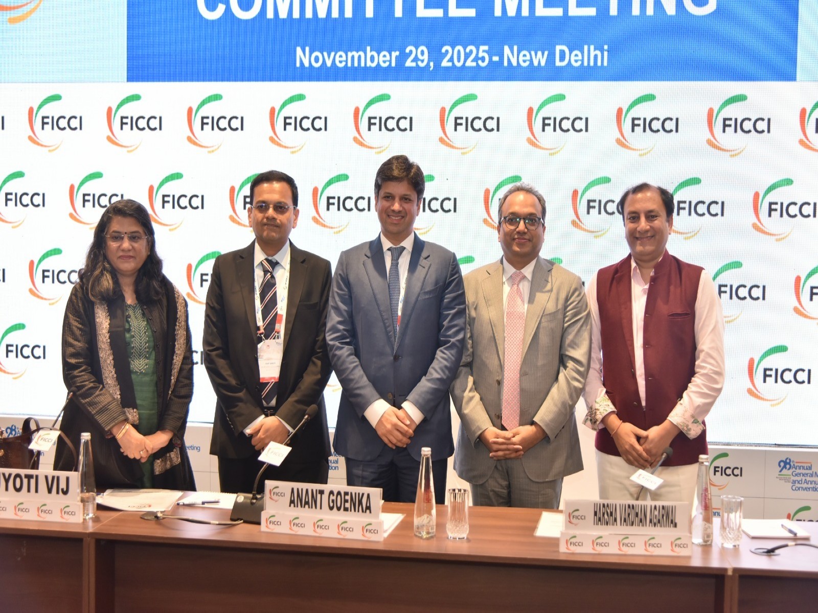 (L to R) FICCI Leadership:-Jyoti Vij, Director General; Vijay Sankar, Senior Vice President; Anant Goenka, President; Harsha Vardhan Agarwal, Immediate Past President; Puneet Dalmia, Vice President, FICCI (Image: FICCI)