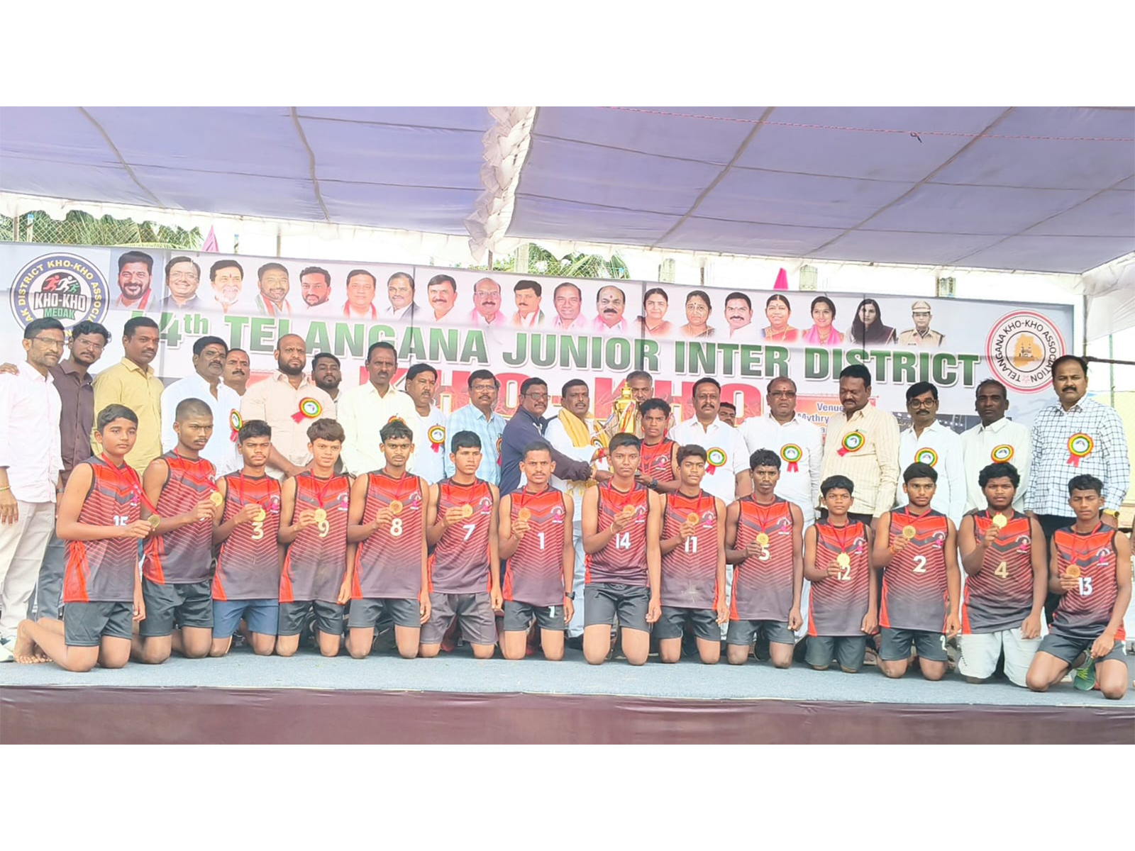Adilabad boys team after winning gold medal in 44th Telangana State Junior Inter-district Kho Kho Championship (Image: KKFI media)
