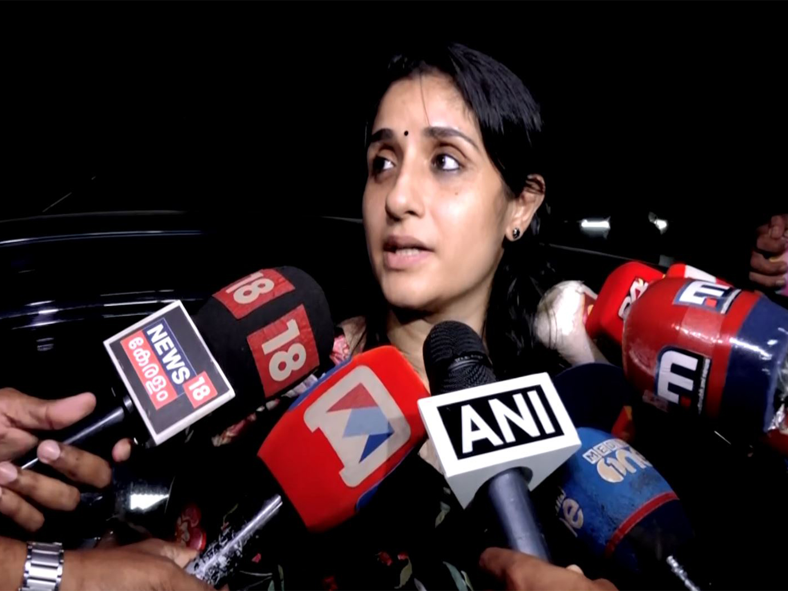 Activist Rahul Easwar's wife, Deepa, speaks to media in Thiruvananthapuram after alleging unfair police action against him. (Photo/ANI) 