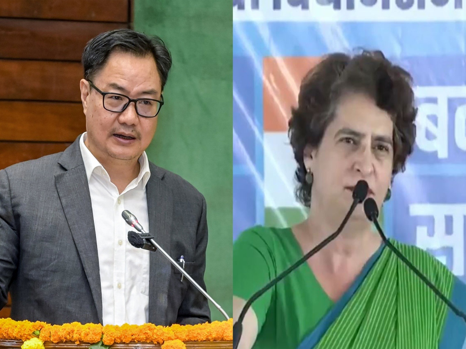Union Minister of Parliamentary Affairs Kiren Rijiju and Congress MP Priyanka Gandhi (Photo/ANI)