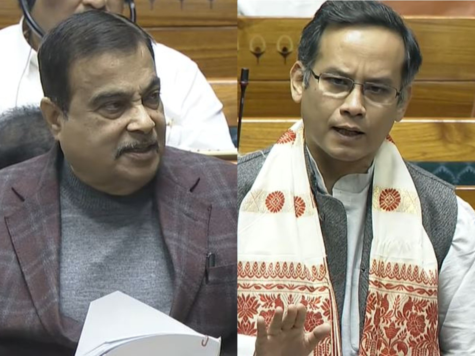 Union Minister Nitin Gadkari and Congress MP Gaurav Gogoi (Photo/Sansad TV)