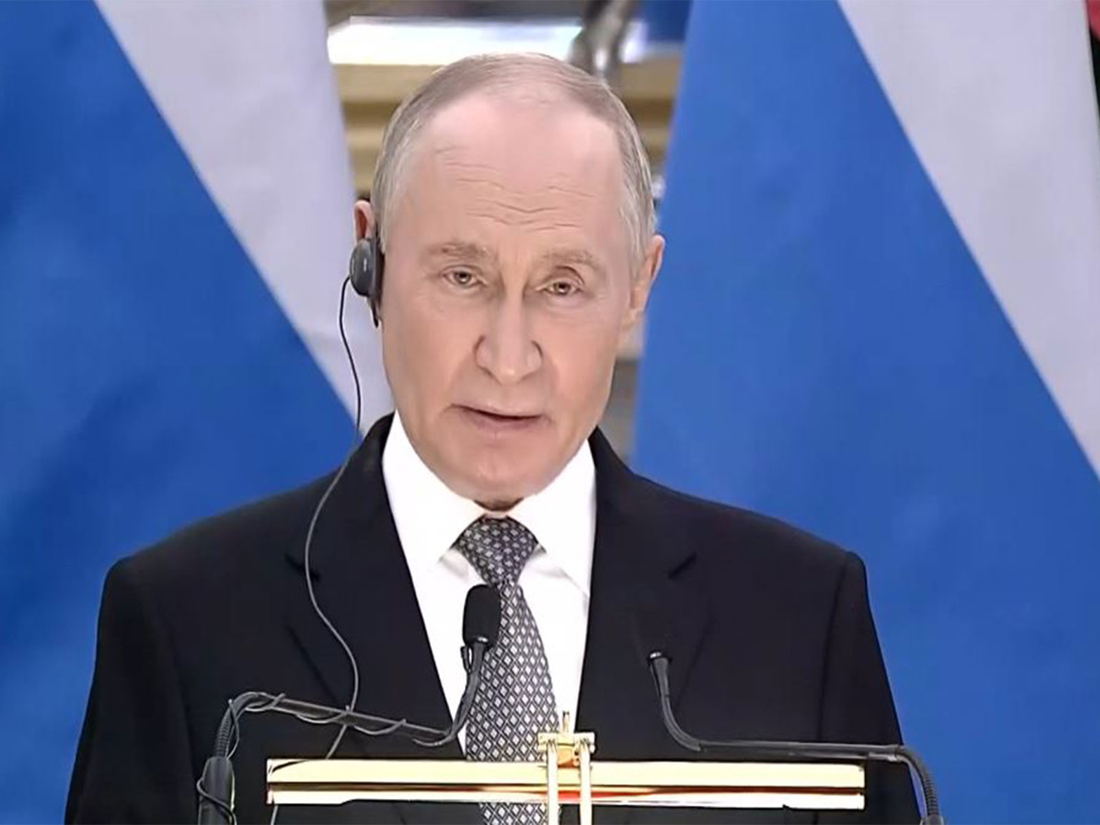 Russian President Vladimir Putin while adressing the joint press address with Prime Minister Narendra Modi (Photo/ANI)
