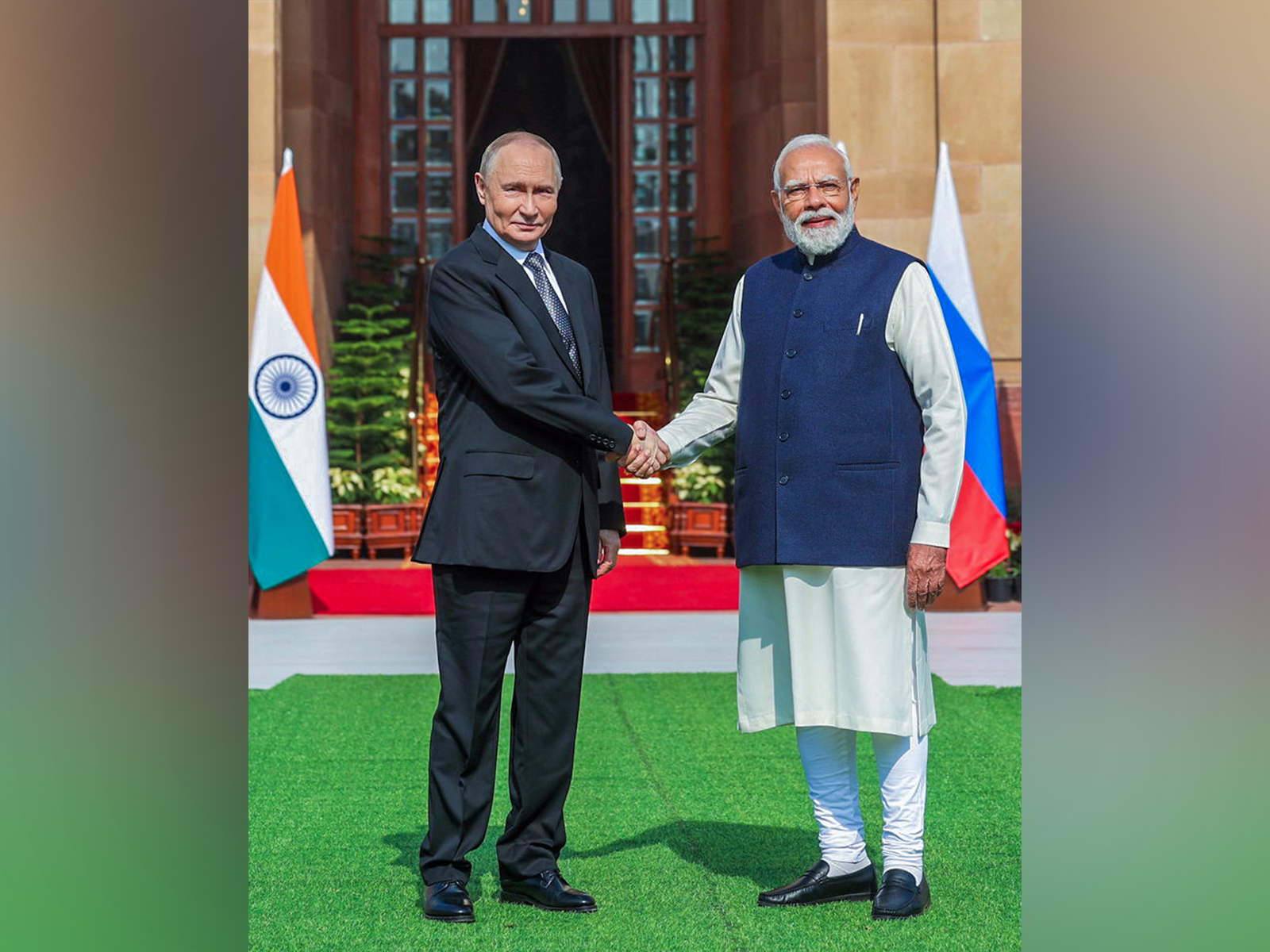 Prime Minister Narendra Modi greets Russian President Vladimir Putin ahead of the 23rd India-Russia annual summit at Hyderabad House on December 5, 2025 (Photo/ANI)