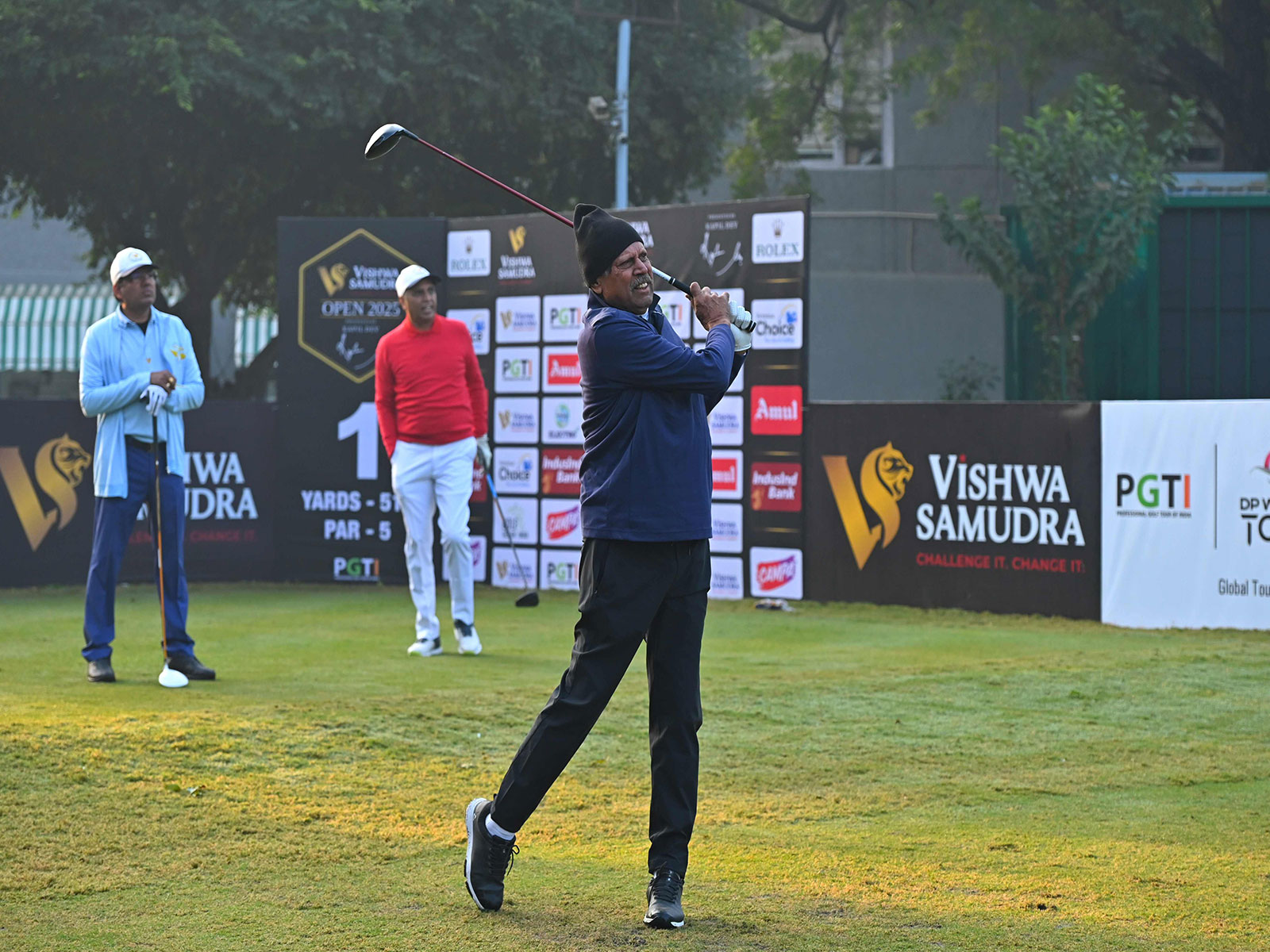 PGTI president Kapil Dev teeing off at Vishwa Samudra Open 2025 (Image: PGTI)