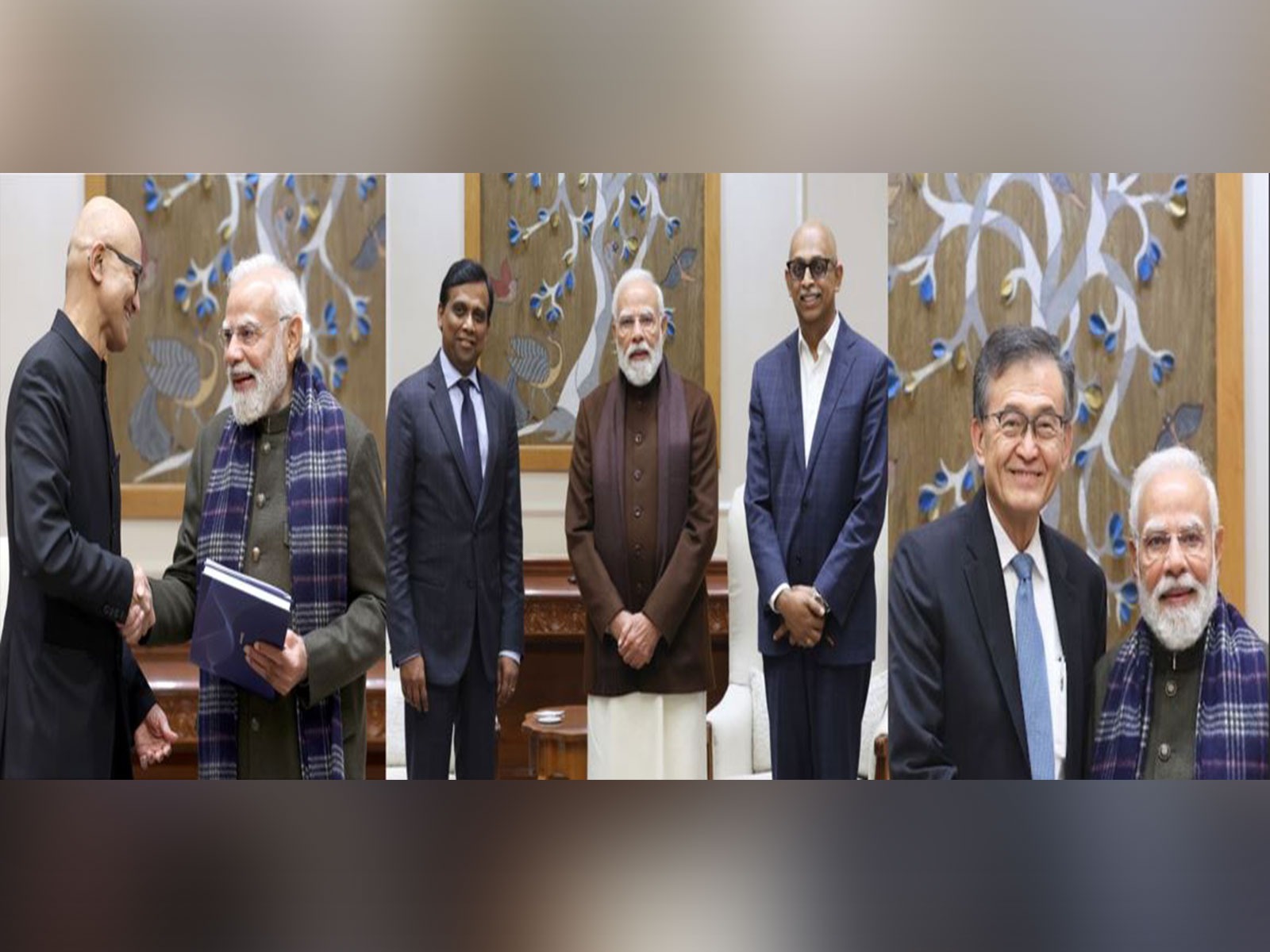 Cognizant, Microsoft and Intel CEOs meet PM Modi. (Photo: X/satyanadella/LipBuTan1/Cognizant)