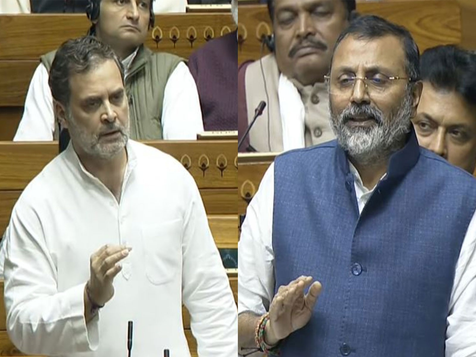 Lok Sabha LoP Rahul Gandhi and BJP MP Nishikant Dubey (Photo/Sansad TV)