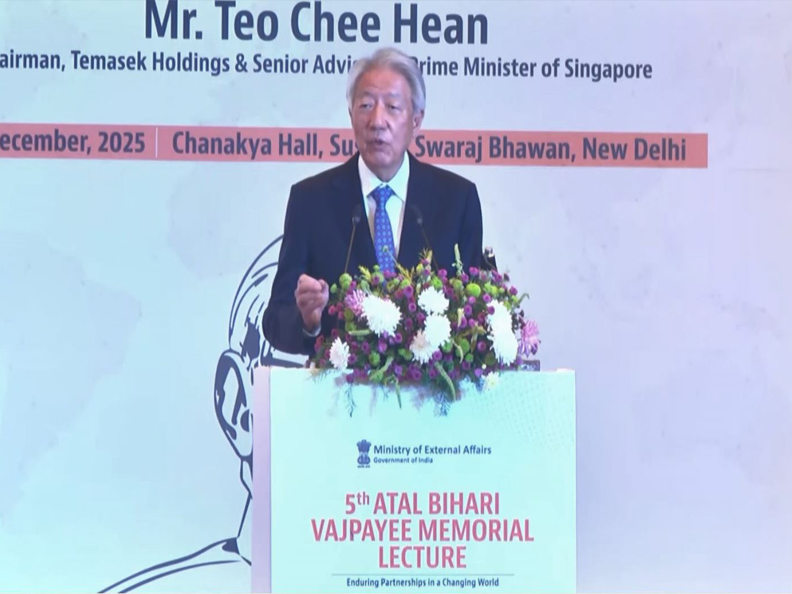 Temasek Chairman Teo Chee Hean speaks at the 5th Atal Bihari Vajpayee Memorial Lecture in New Delhi. (Photo/ANI)