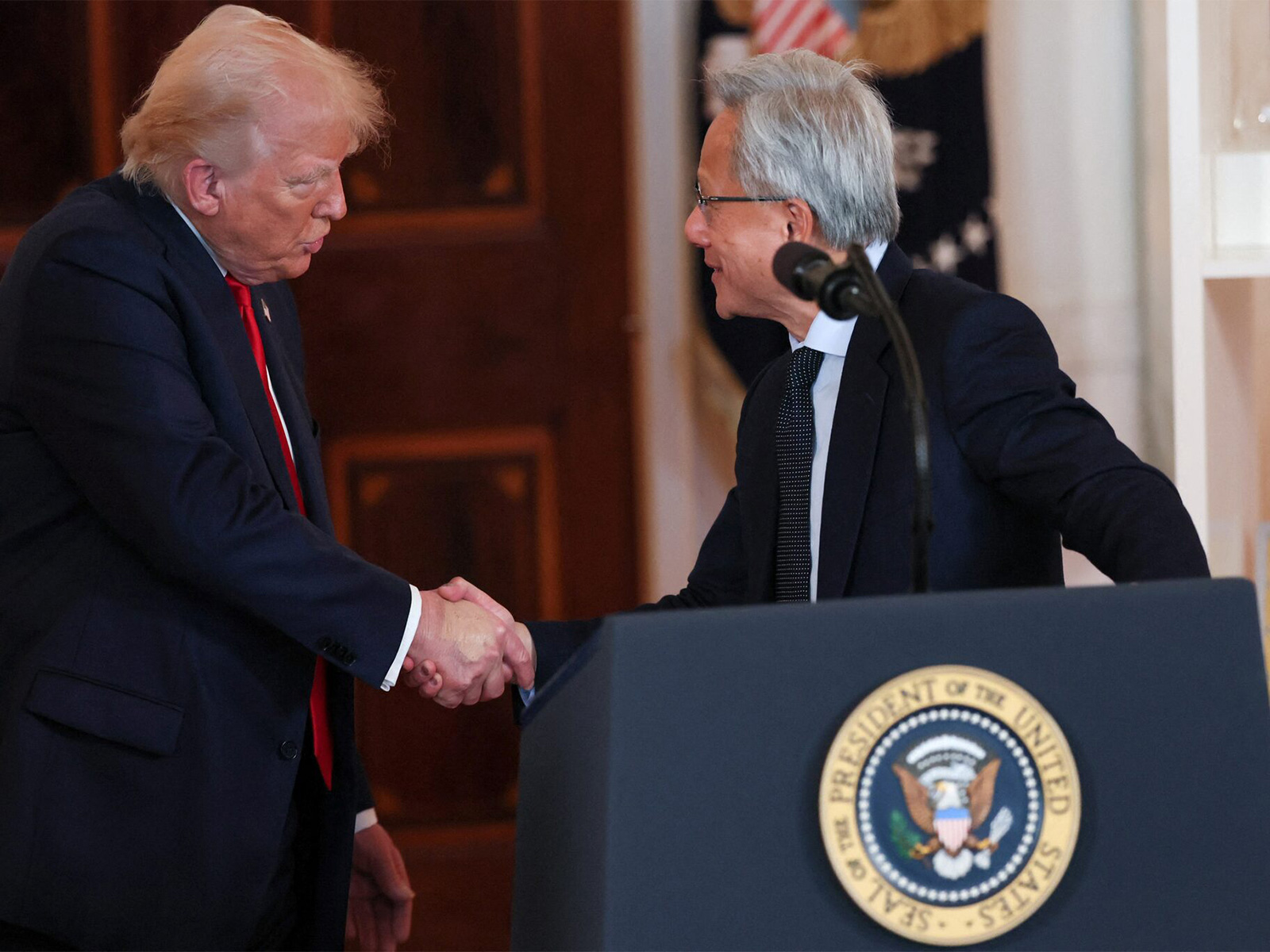 Nvidia CEO Jensen Huang and US President Donald Trump shake hands during an 'Investing in America' event in Washington, DC, US. (Photo/Reuters)